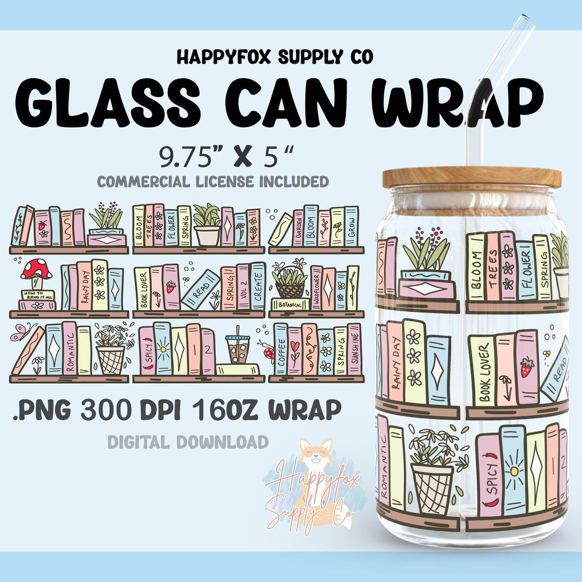 Spring Bookshelf Digital Download 16oz Glass Can Wrap 300 DPI .PNG ...