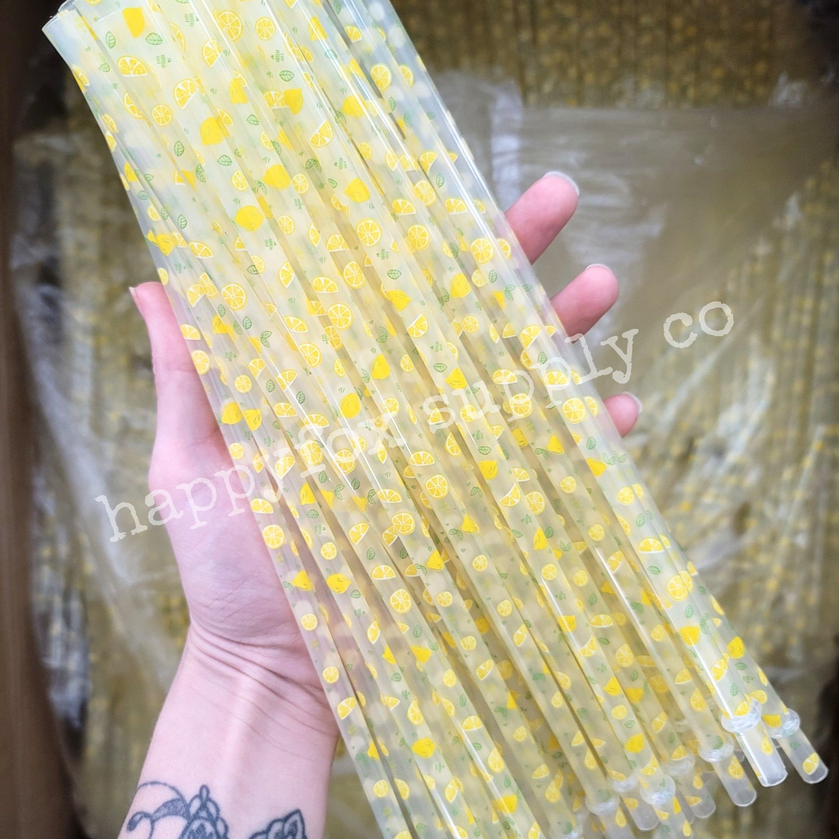 11" Reusable Plastic Lemon Print Straws - Happyfox Supply Co
