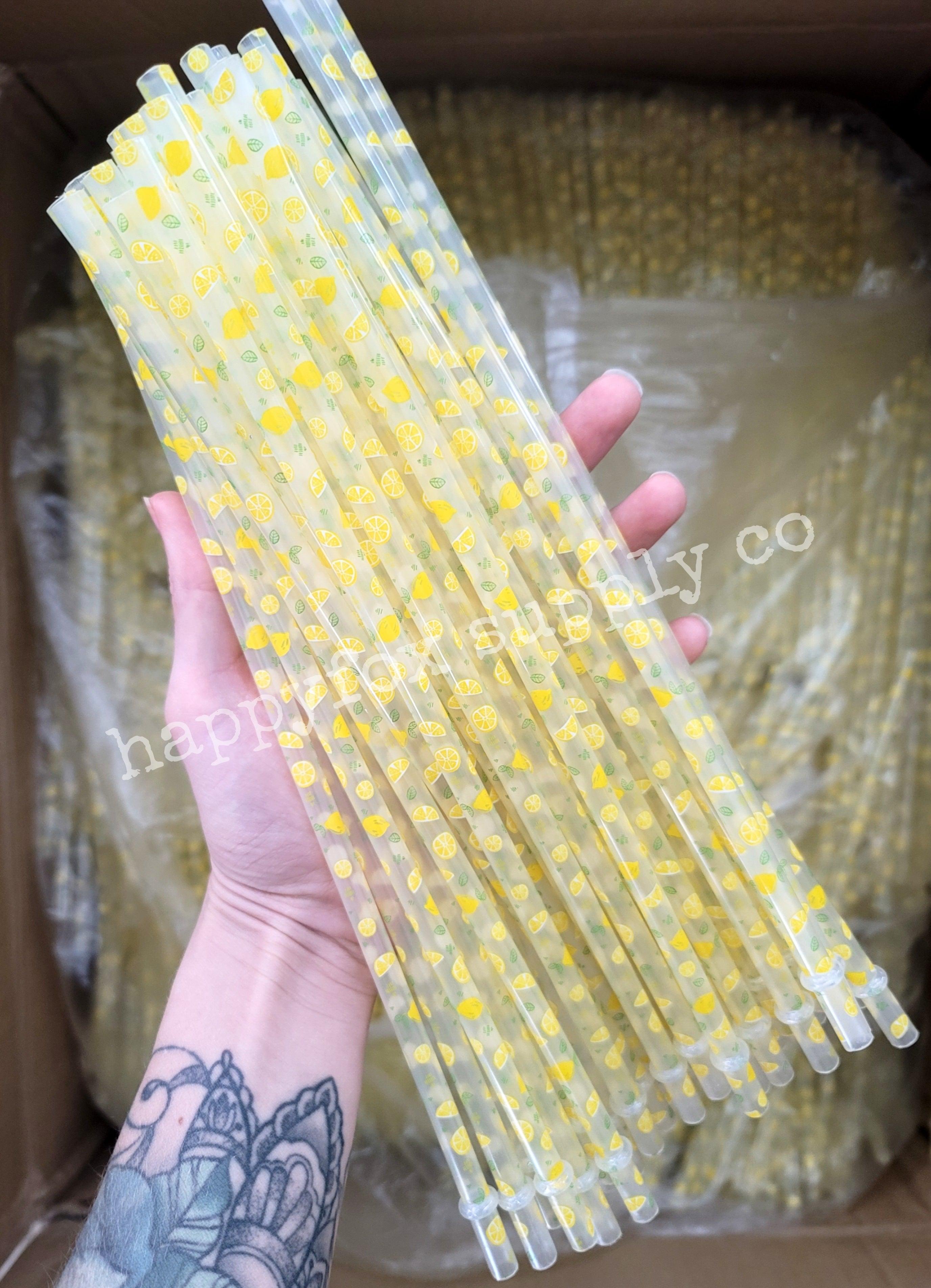 11" Reusable Plastic Lemon Print Straws - Happyfox Supply Co