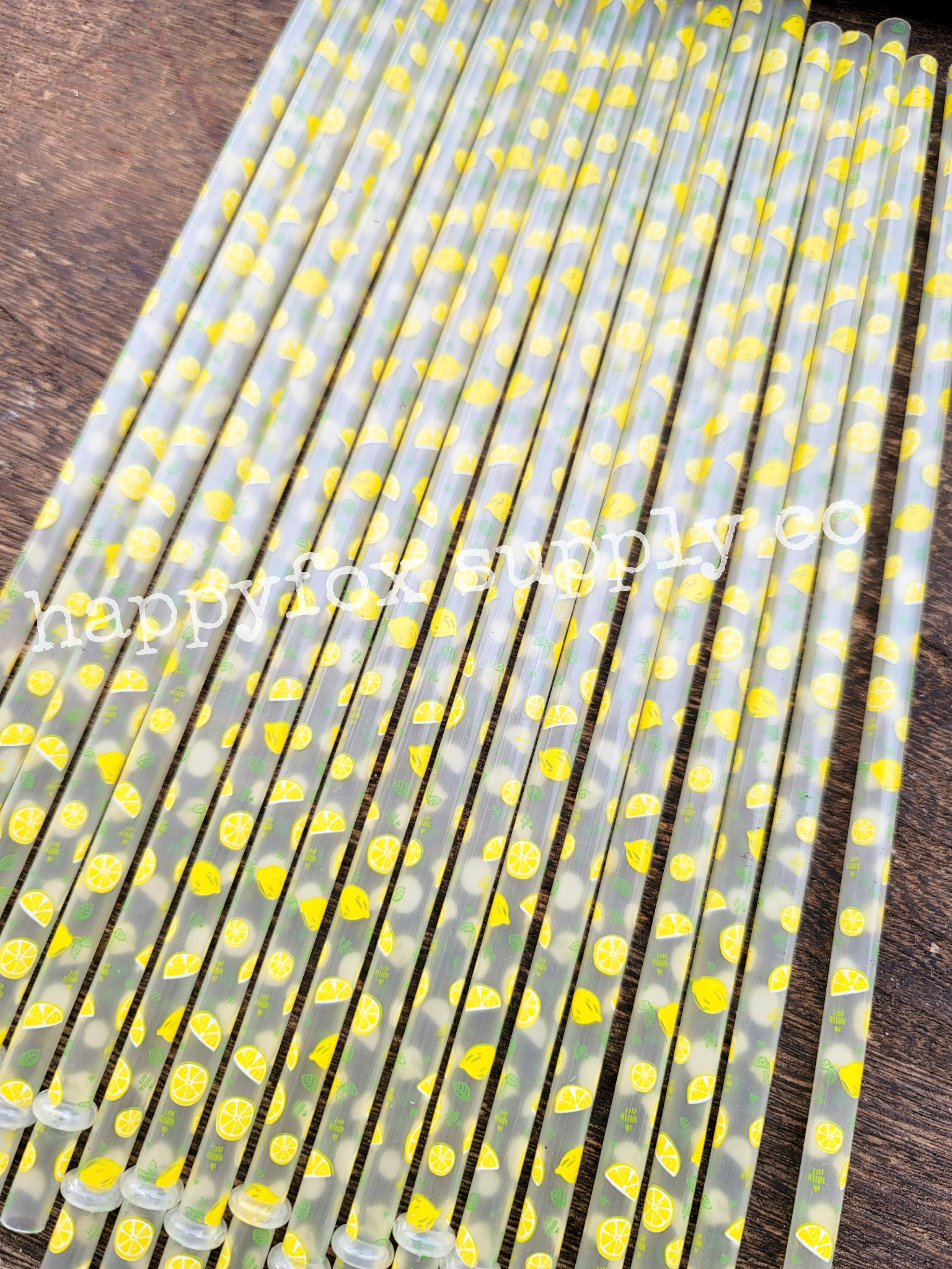 11" Reusable Plastic Lemon Print Straws - Happyfox Supply Co