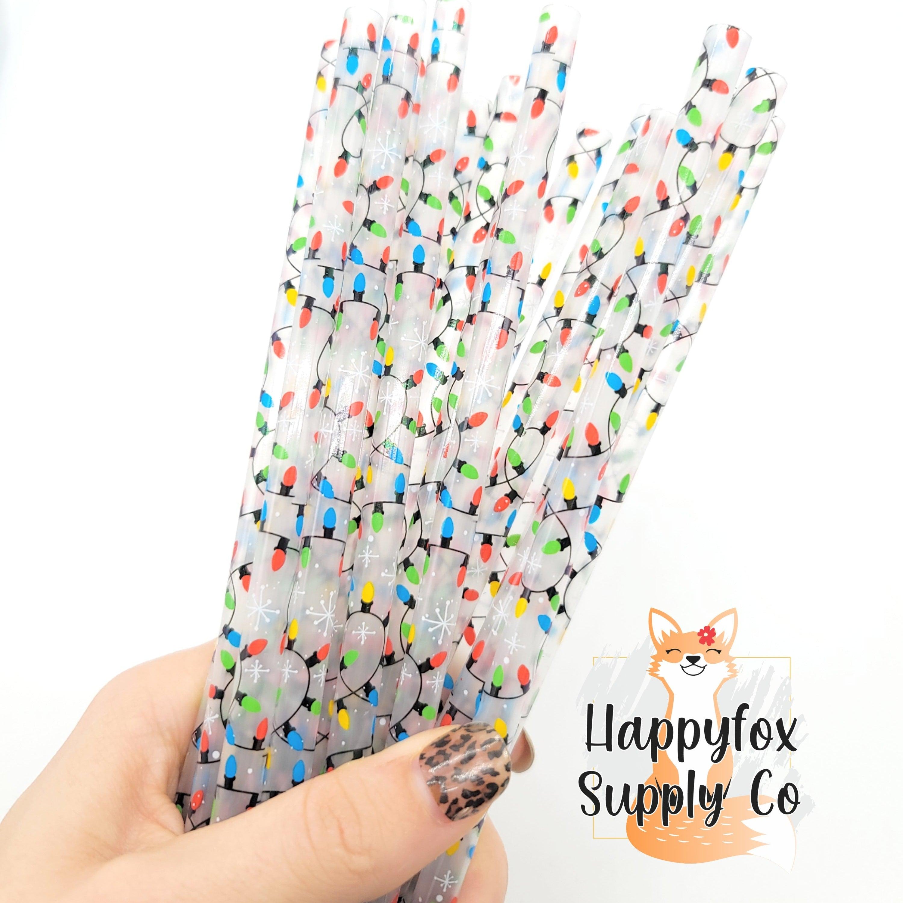 10" Reusable Plastic Holiday Lights Print Straws - Happyfox Supply Co