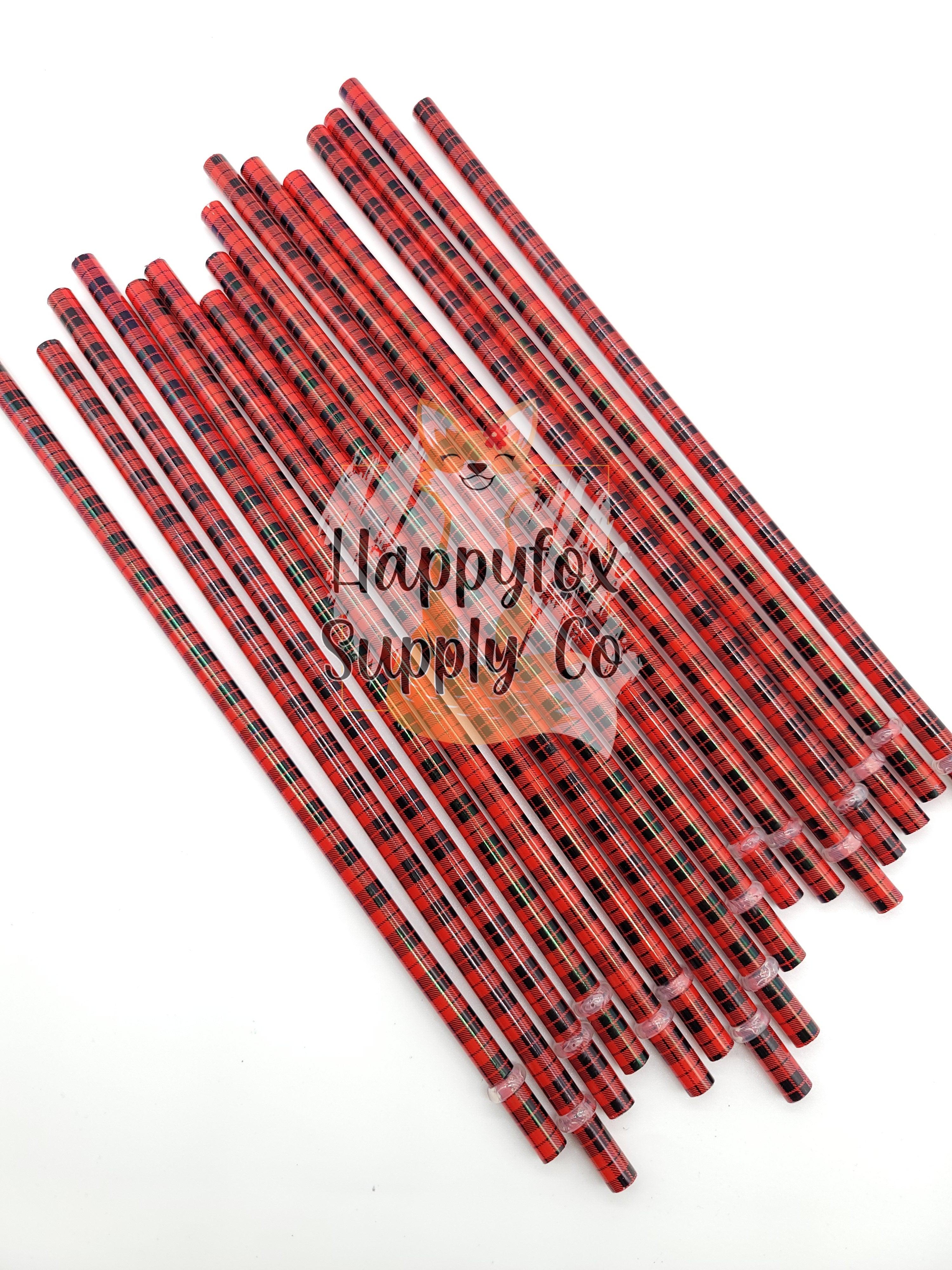 10" Reusable Plastic Red Buffalo Plaid Straws - Happyfox Supply Co