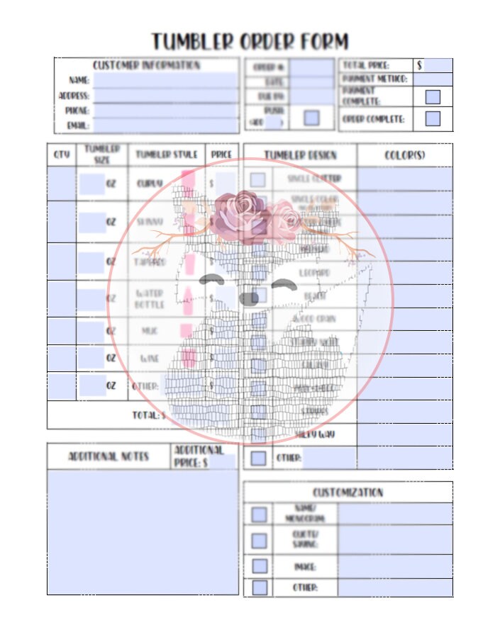 Fillable/Printable Tumbler Order Form Digital Download PDF Format