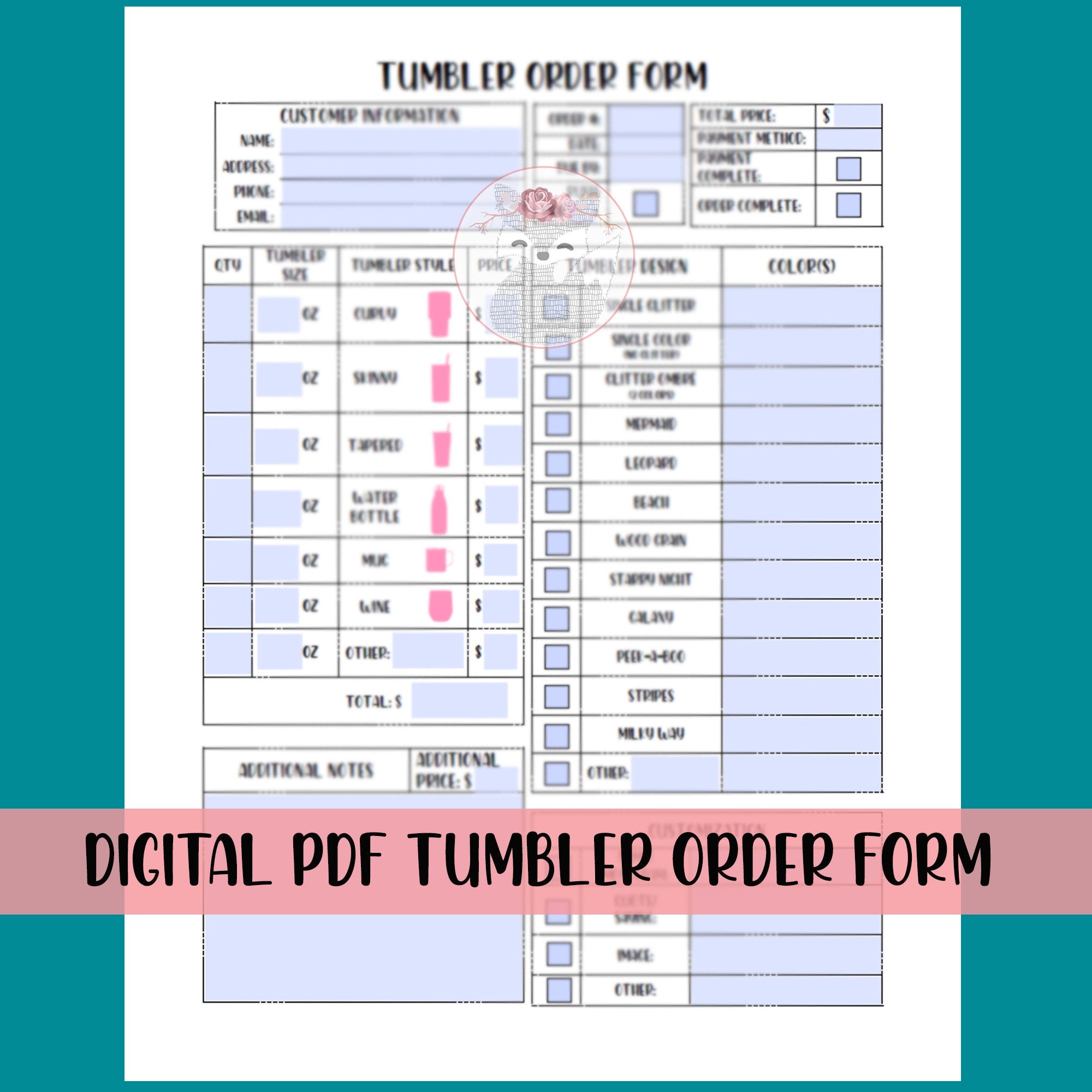 Fillable/Printable Tumbler Order Form Digital Download PDF Format