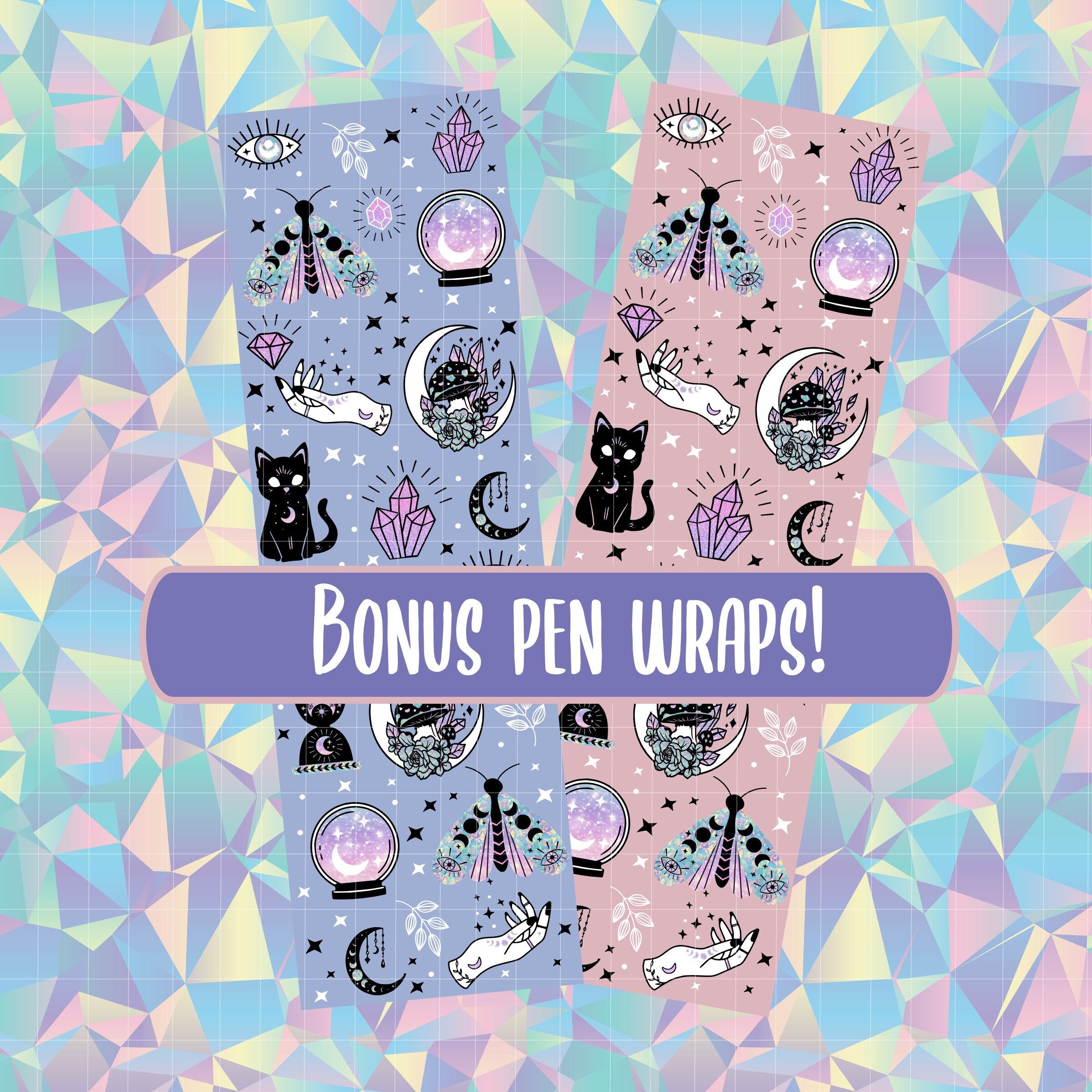 20oz Tumbler Wrap High Quality Mystic Psychic Witchy Crystals Seamless Digital Wrap For Tumblers Sublimation Wrap Moons Moths Cats Mushrooms