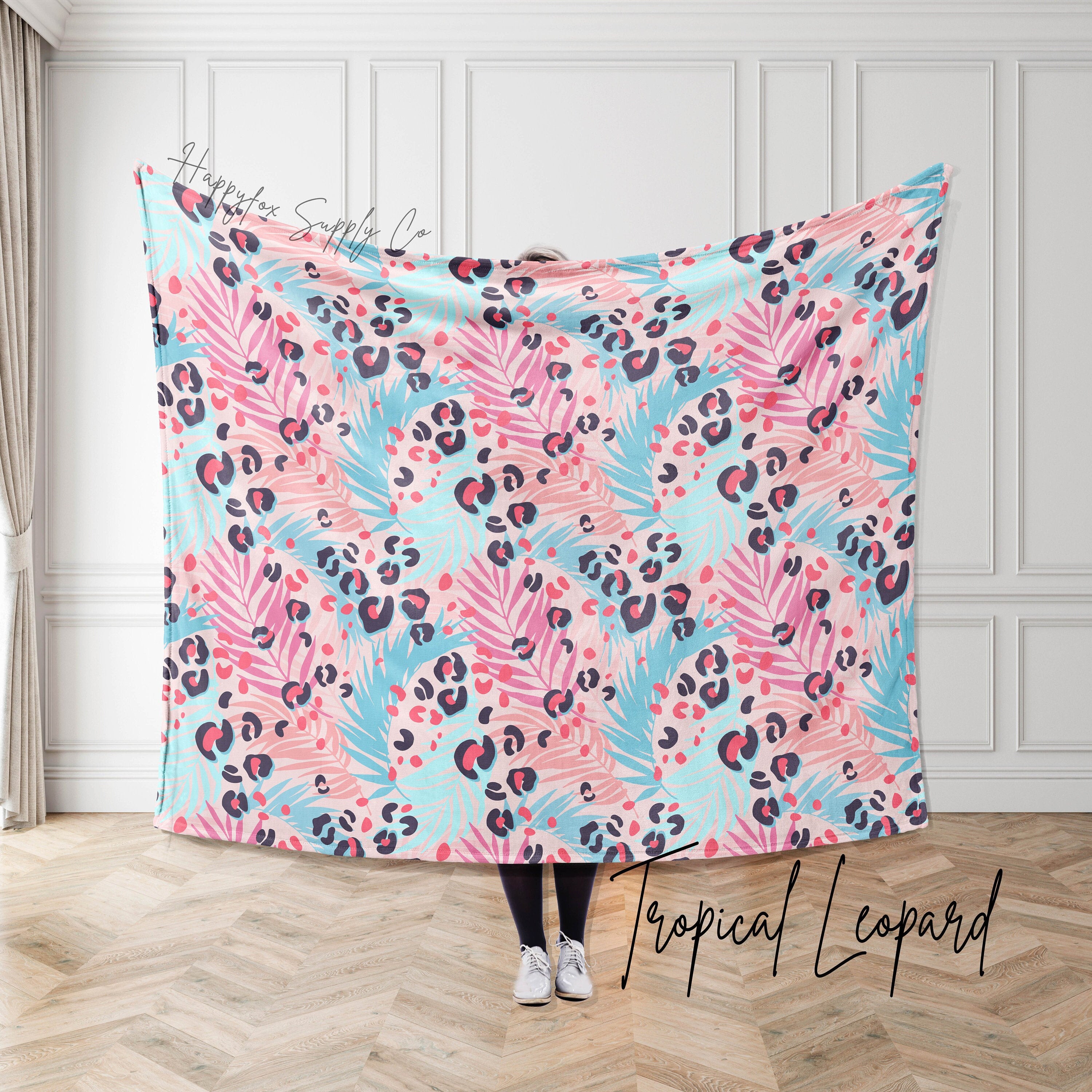 Tropical Leopard Plush Blanket | Leopard Lover Throw Blanket | Cute Summer Blanket | Cheetah Print | Palm Leaves