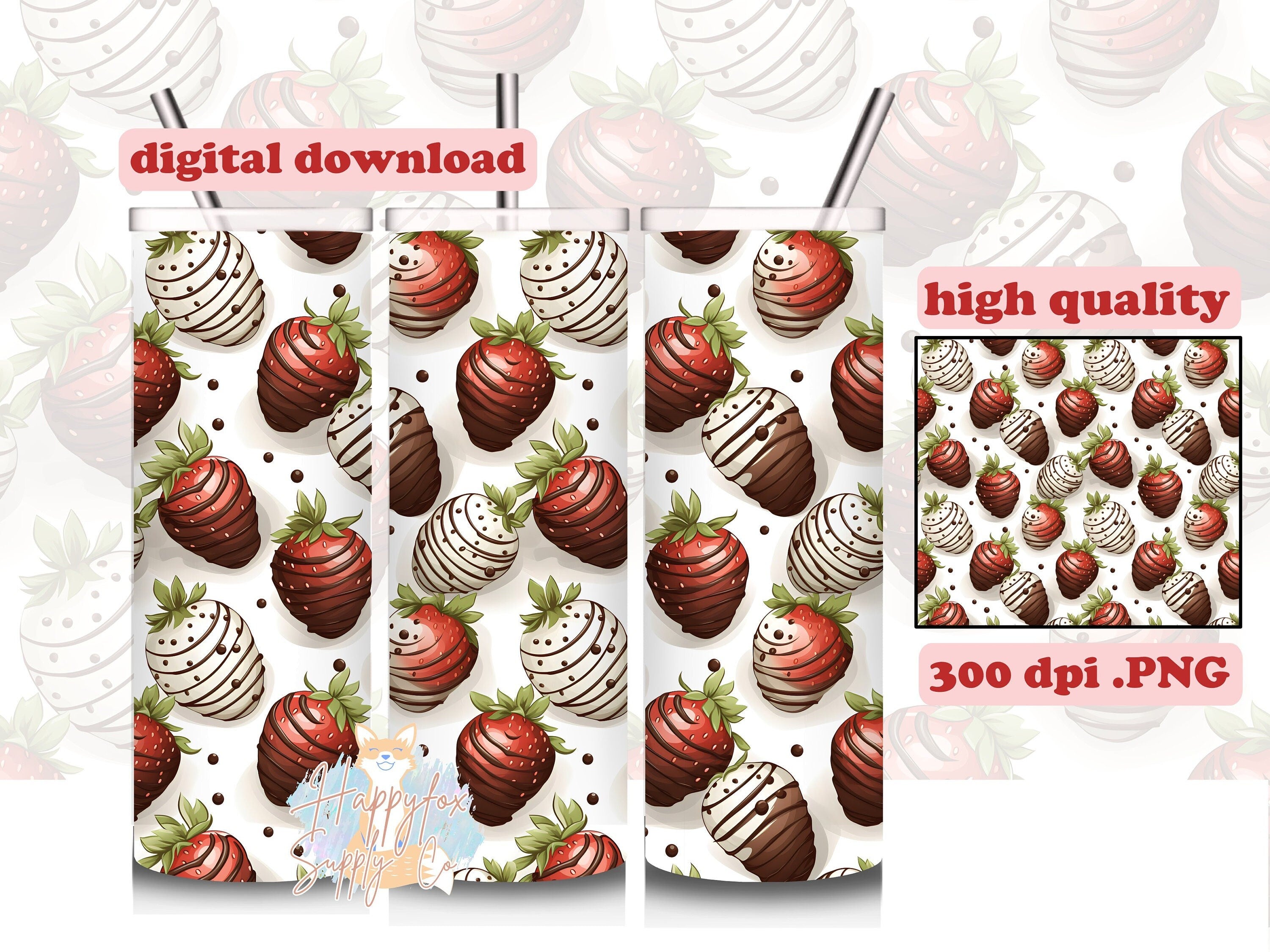 Instant Digital Download Chocolate Strawberries 20oz Skinny Tumbler Wrap Sublimation Design, 300 DPI Straight Tumbler Wrap, Seamless Design