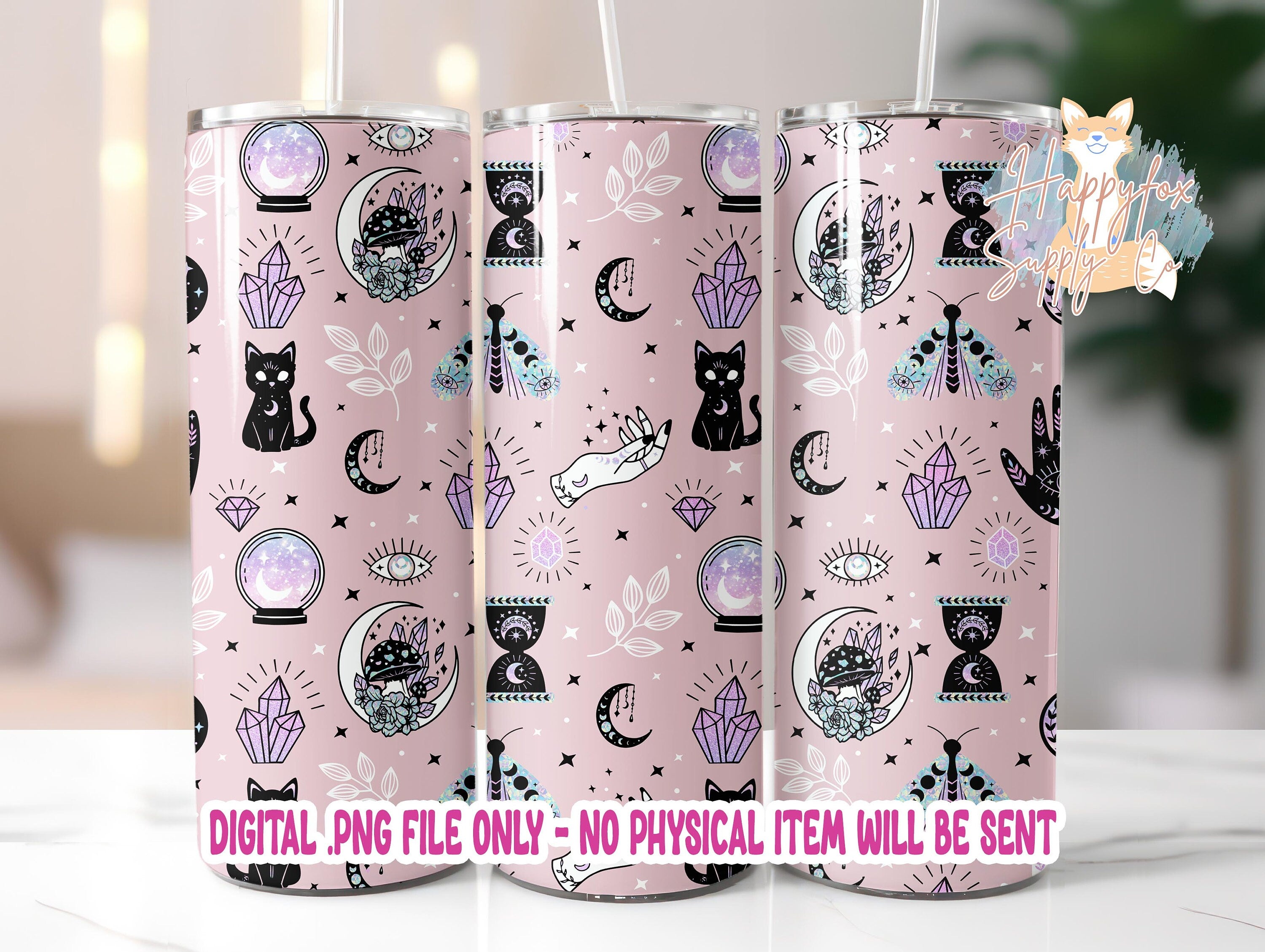 20oz Tumbler Wrap High Quality Mystic Psychic Witchy Crystals Seamless Digital Wrap For Tumblers Sublimation Wrap Moons Moths Cats Mushrooms