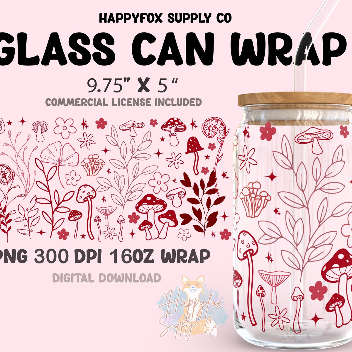 Mushroom Garden Digital Download 16oz Glass Can Wrap 300 DPI .PNG ...
