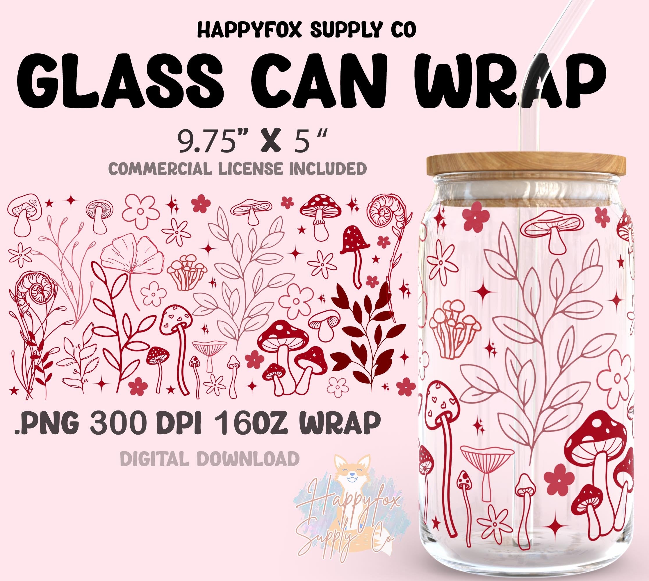 Digital Download 16oz Glass Can Wrap 300 DPI .PNG Mushroom Garden UVDTF Sublimation Printed Vinyl Transparent 16oz Wrap Cottagecore Wrap