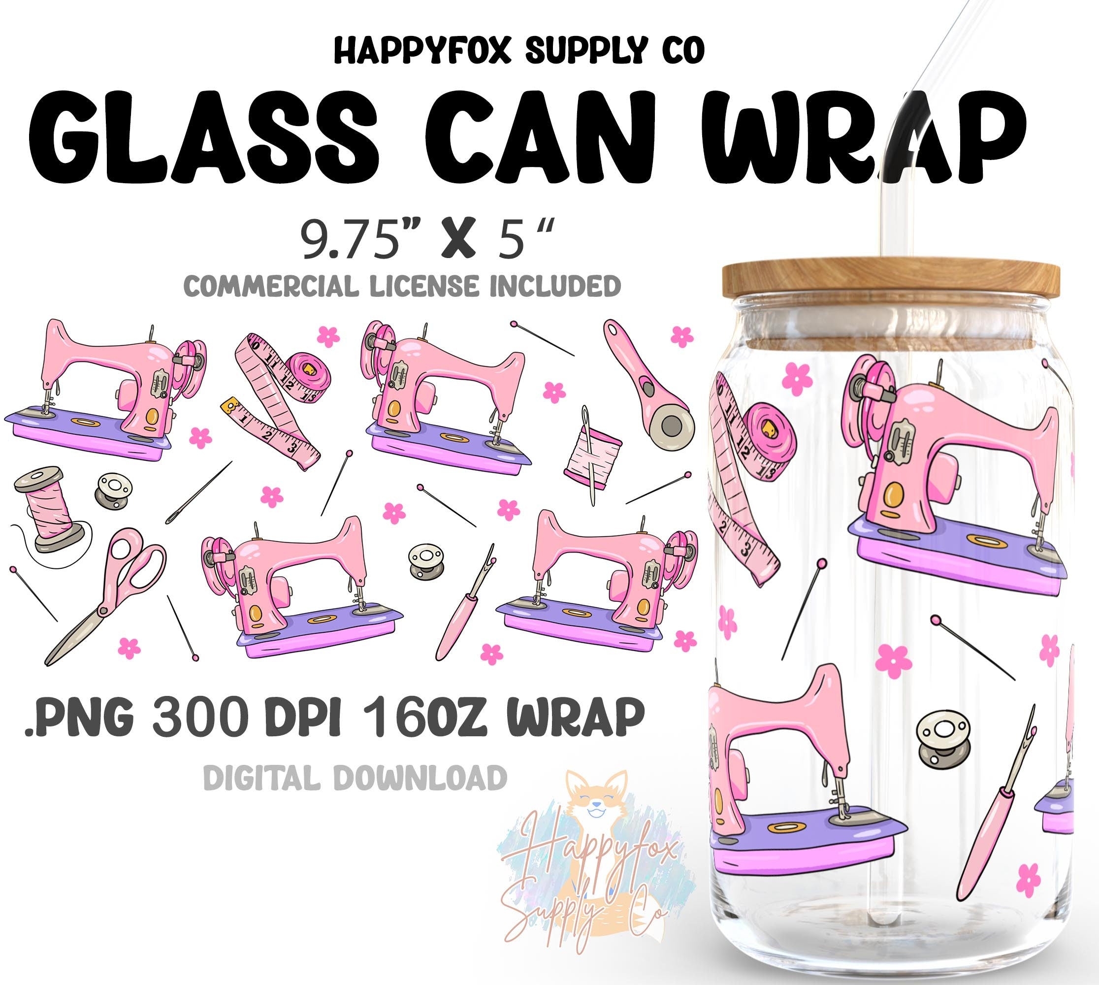 Digital Download 16oz Glass Can Wrap 300 DPI .PNG Sewing Machines UVDTF Sublimation Printed Vinyl Transparent 16oz Wrap Seamstress Sewer
