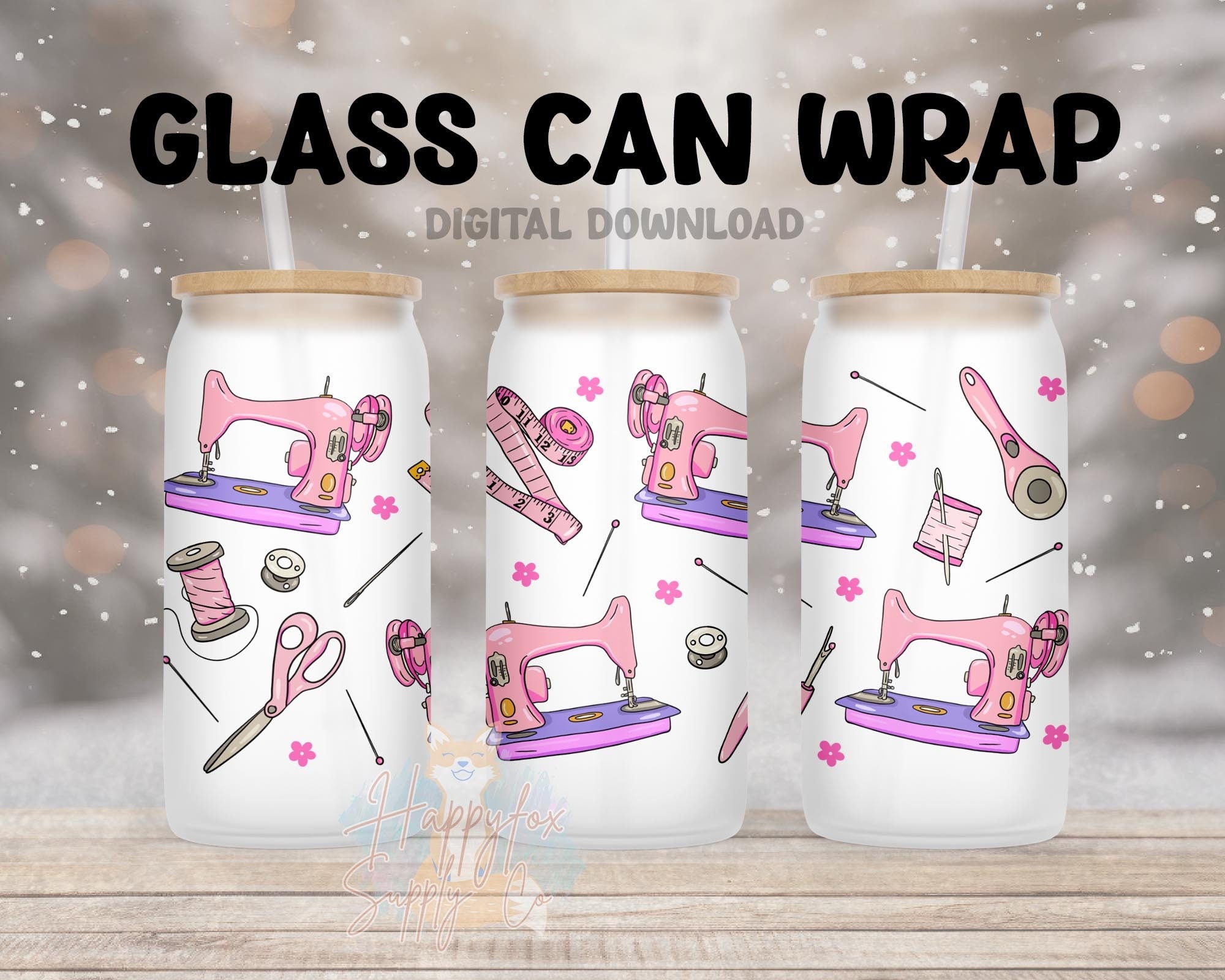 Digital Download 16oz Glass Can Wrap 300 DPI .PNG Sewing Machines UVDTF Sublimation Printed Vinyl Transparent 16oz Wrap Seamstress Sewer