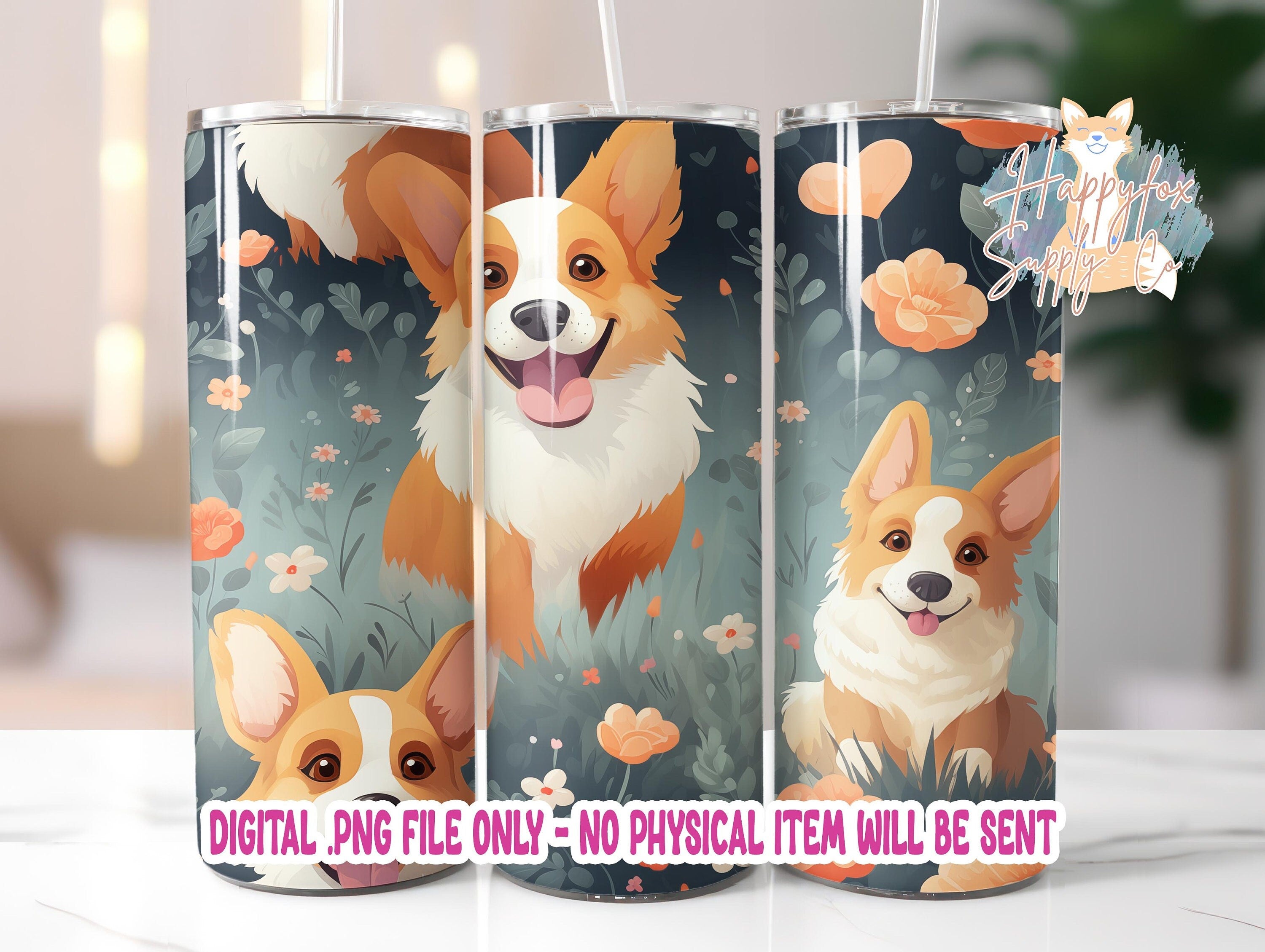 Cute Corgis Floral 20oz Skinny Tumbler Wrap Sublimation 300 DPI Straight Tumbler Wrap PNG Valentines Day Digital Wrap Happy Dogs Corgi Lover