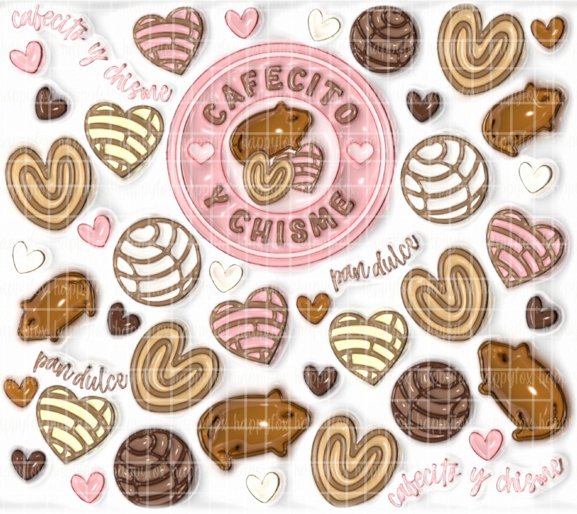 3D Inflated Cafecito Y Chisme 20oz Skinny Tumbler Wrap Sublimation 300 DPI Straight Tumbler Wrap PNG Conchas Digital Wrap Maranito Pan Dulce