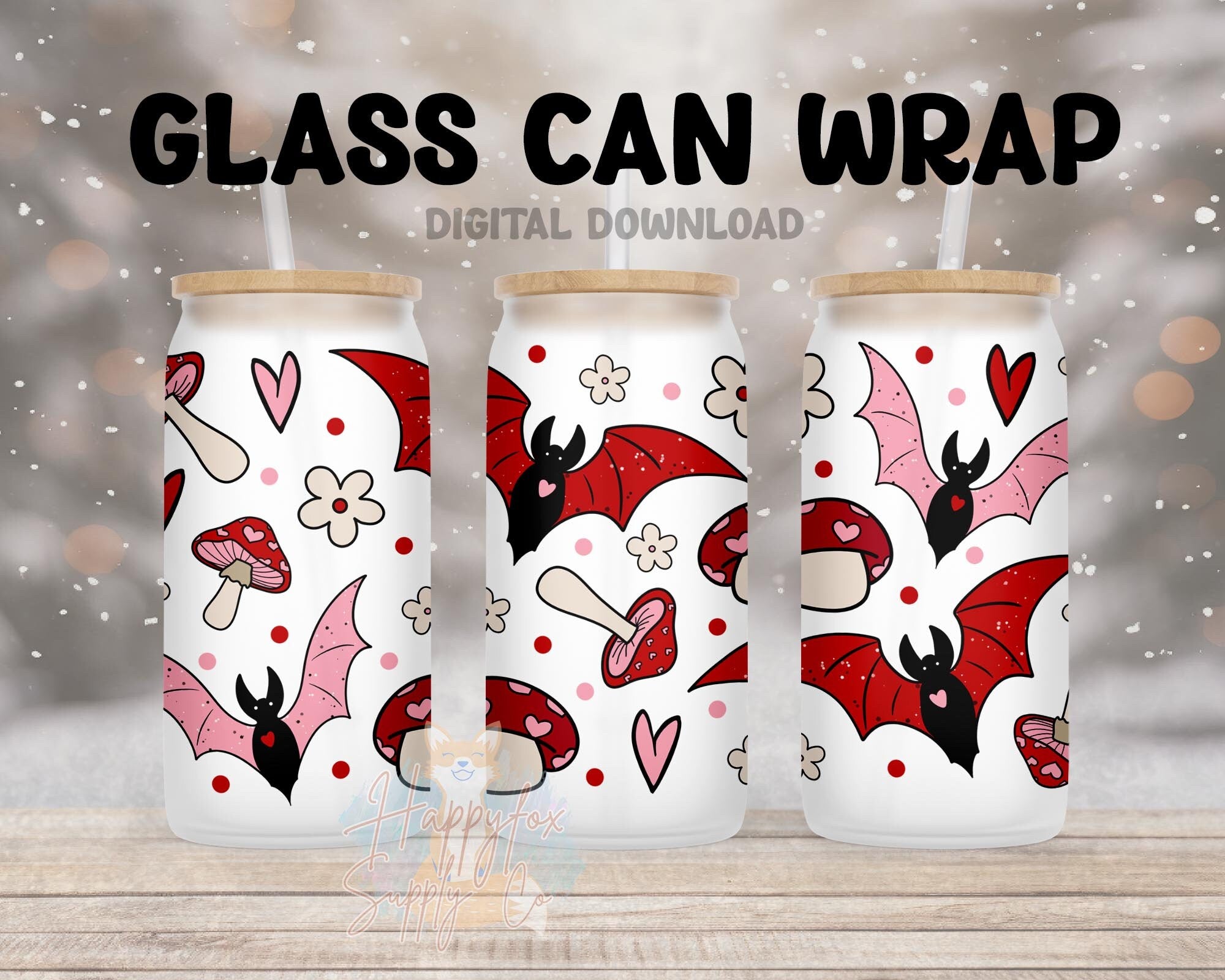 Digital Download 16oz Glass Can Wrap 300 DPI PNG Spooky Bats UVDTF Sublimation Printed Vinyl Transparent Wrap Mushrooms Spooky Valentine