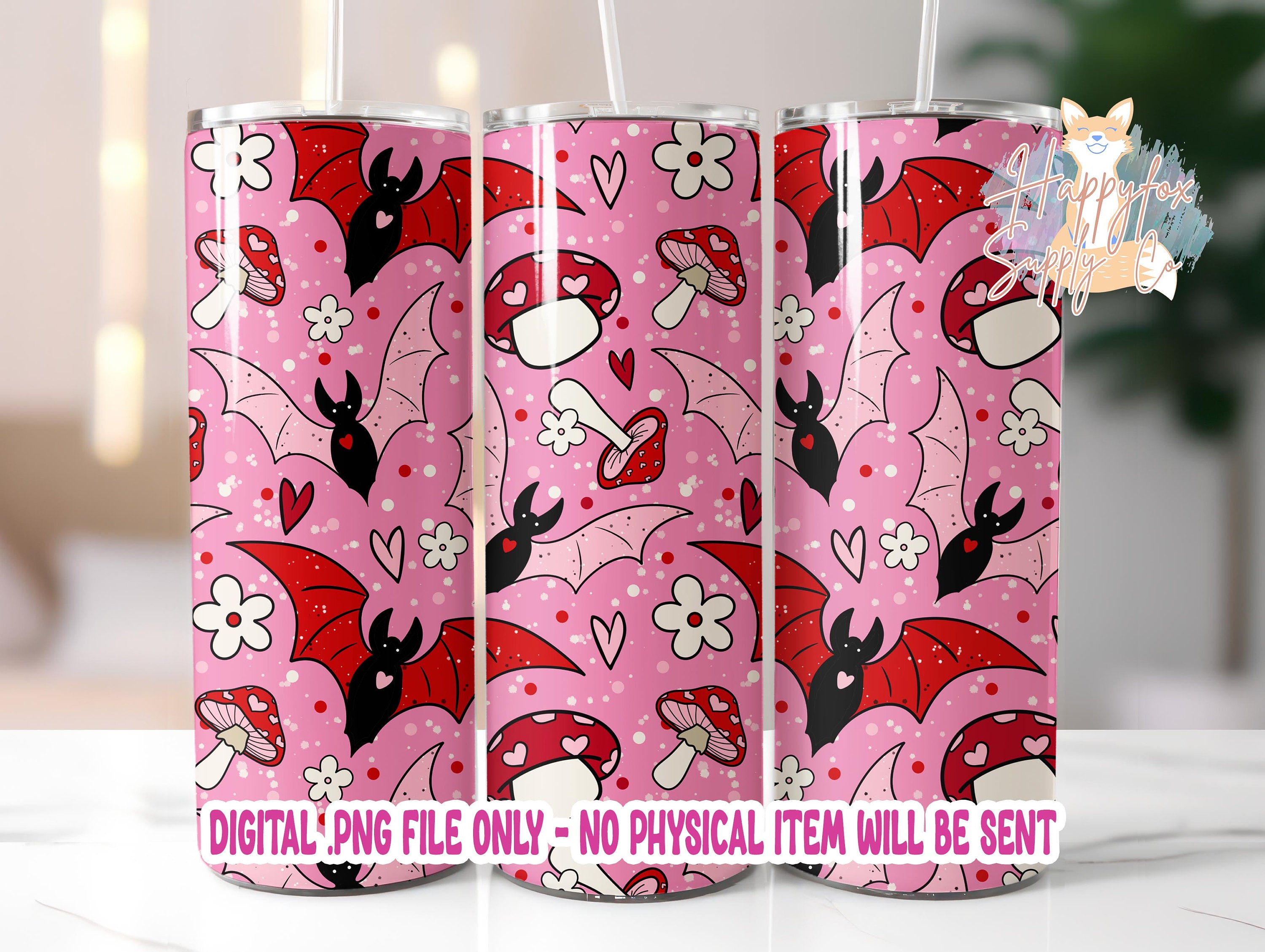 Spooky Valentine 20oz Skinny Tumbler Wrap Sublimation 300 DPI Straight Tumbler Wrap PNG Seamless Digital Wrap Bats Mushrooms Daisies Pink