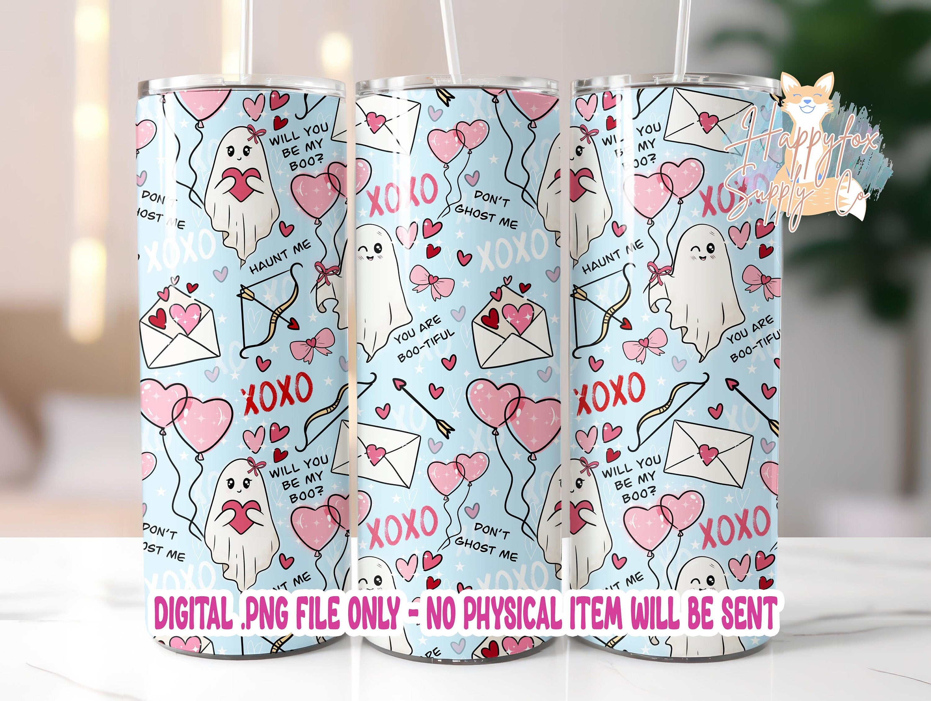 Spooky Valentine 20oz Skinny Tumbler Wrap Sublimation 300 DPI Straight Tumbler Wrap PNG Seamless Digital Wrap Cute Ghosts Be My Boo