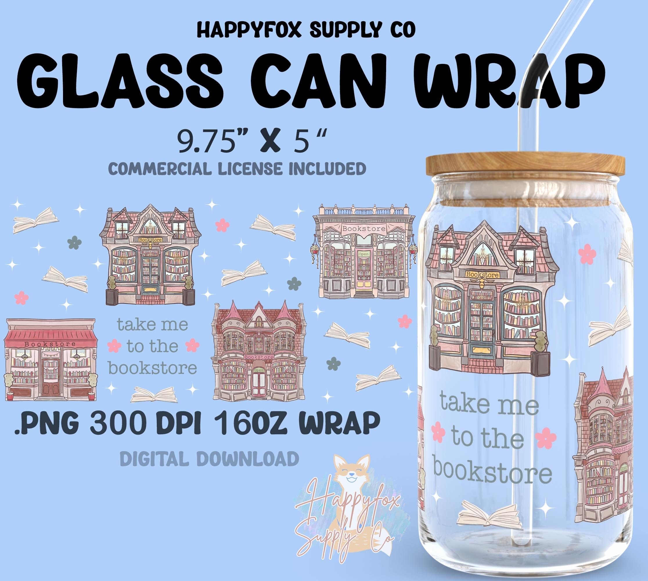 Digital Download 16oz Glass Can Wrap 300 DPI .PNG Bookstore UVDTF Sublimation Printed Vinyl Transparent 16oz Wrap Bookish Wrap Book Lover