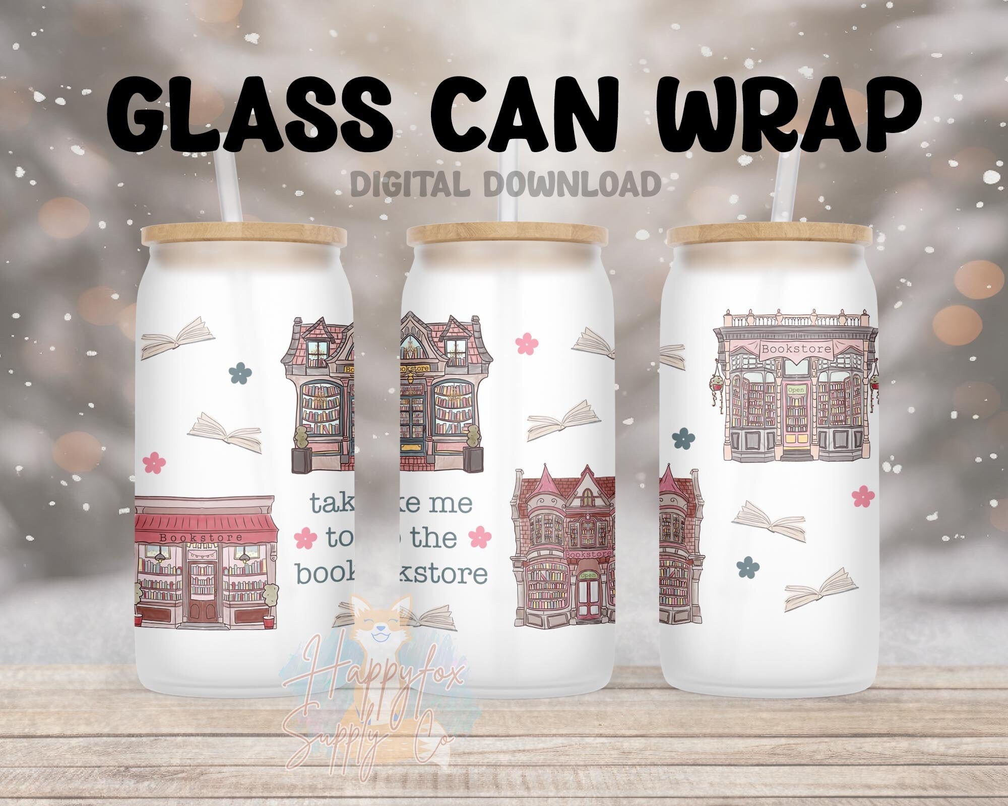 Digital Download 16oz Glass Can Wrap 300 DPI .PNG Bookstore UVDTF Sublimation Printed Vinyl Transparent 16oz Wrap Bookish Wrap Book Lover