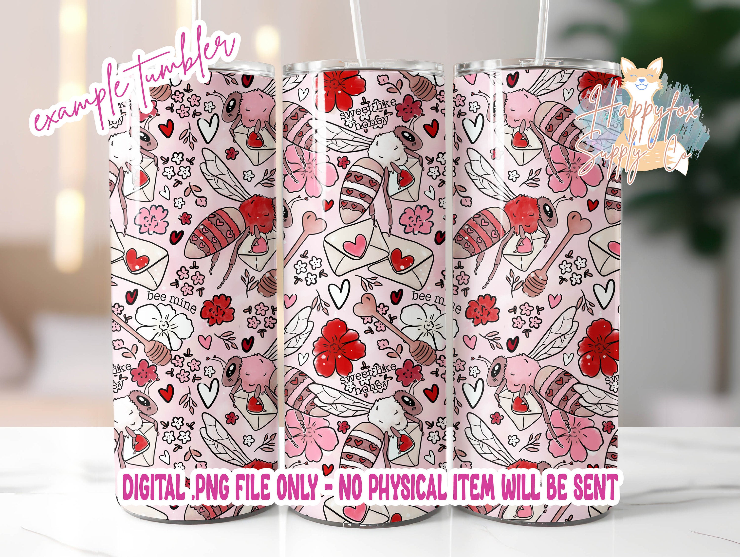 Bee Valentine 20oz Skinny Tumbler Wrap Sublimation 300 DPI Straight Tumbler Wrap PNG Seamless Digital Wrap Cute Bee Mine Love Note Bee Lover