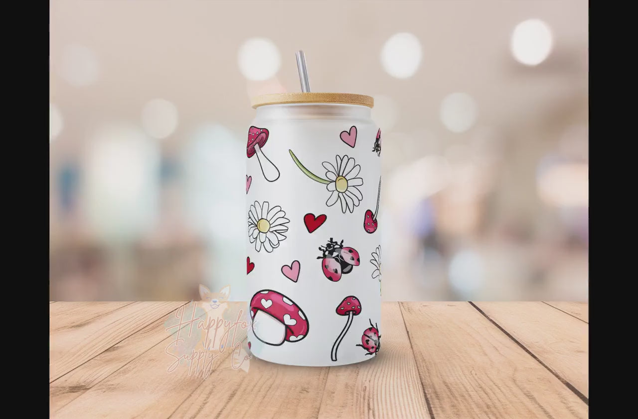 Digital Download 16oz Glass Can Wrap 300 DPI .PNG Love Bugs UVDTF Sublimation Printed Vinyl Transparent 16oz Wrap Lady Bugs Mushrooms