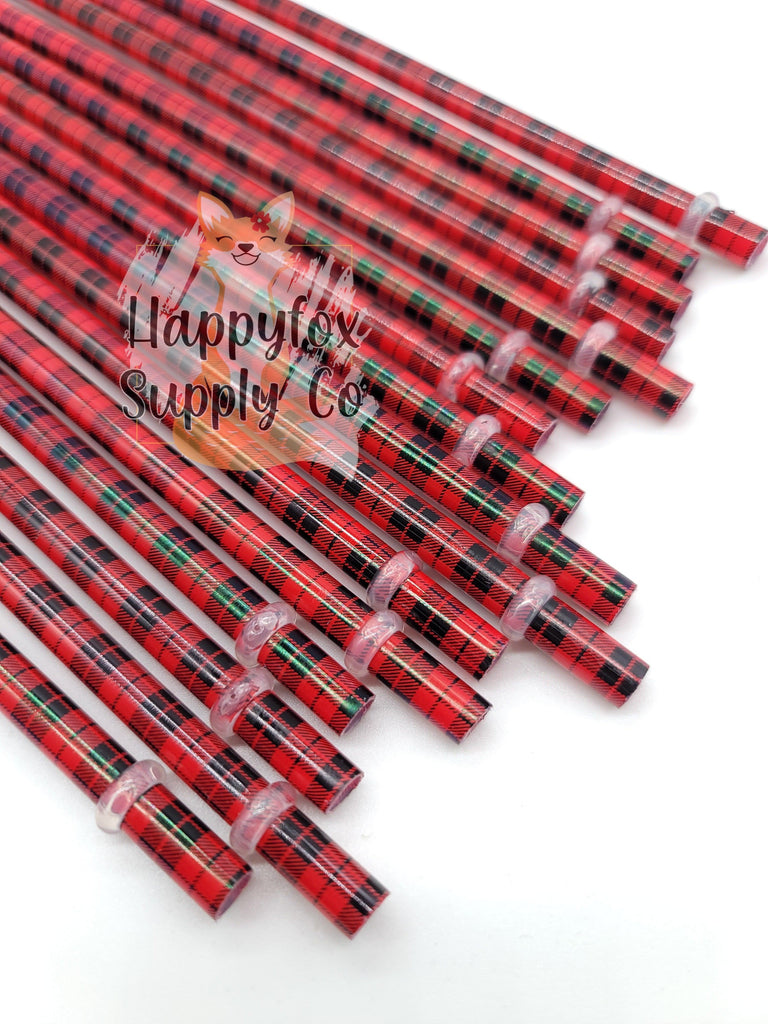 10" Reusable Plastic Red Buffalo Plaid Straws - Happyfox Supply Co