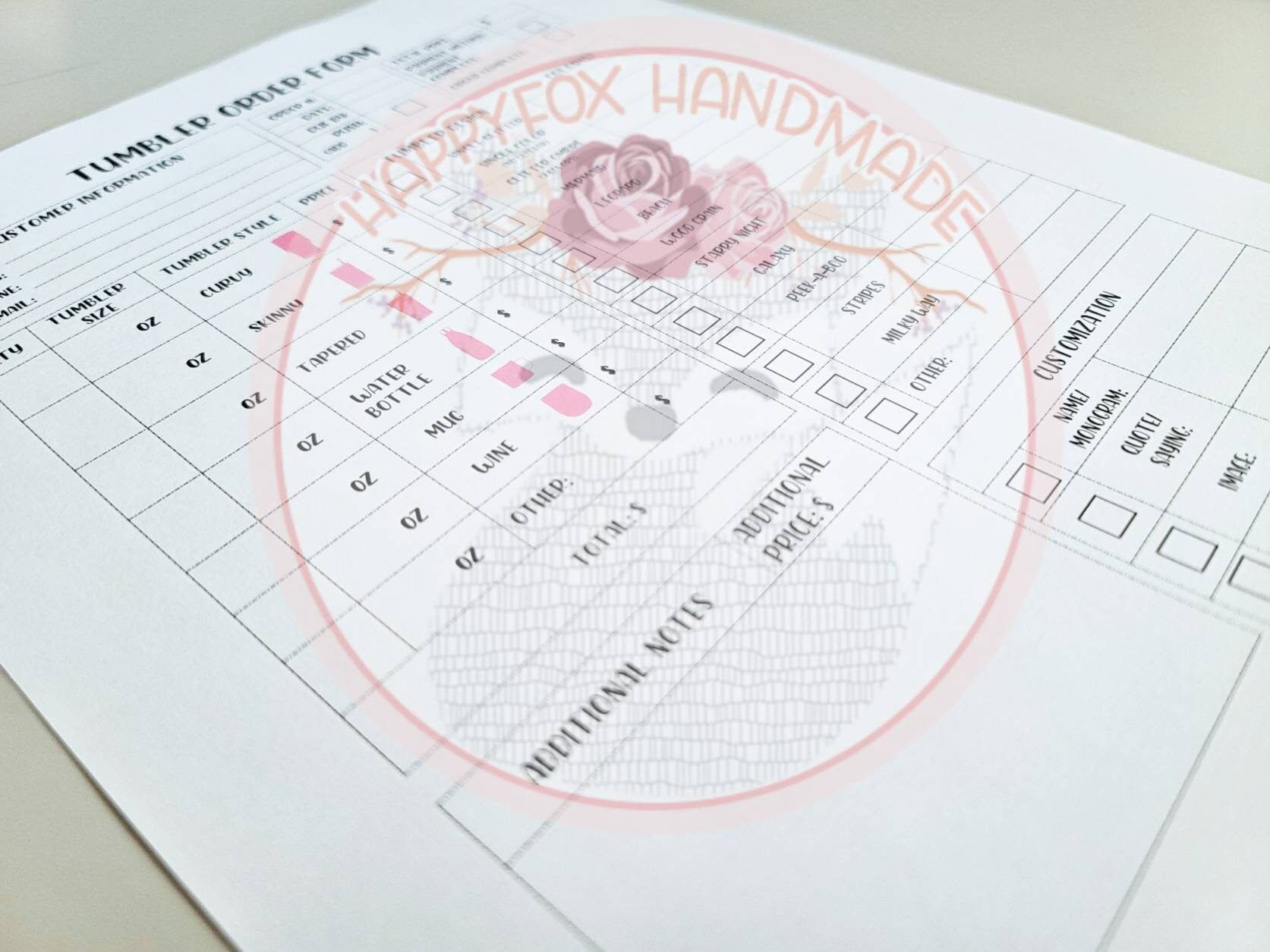 Fillable/Printable Tumbler Order Form Digital Download PDF Format