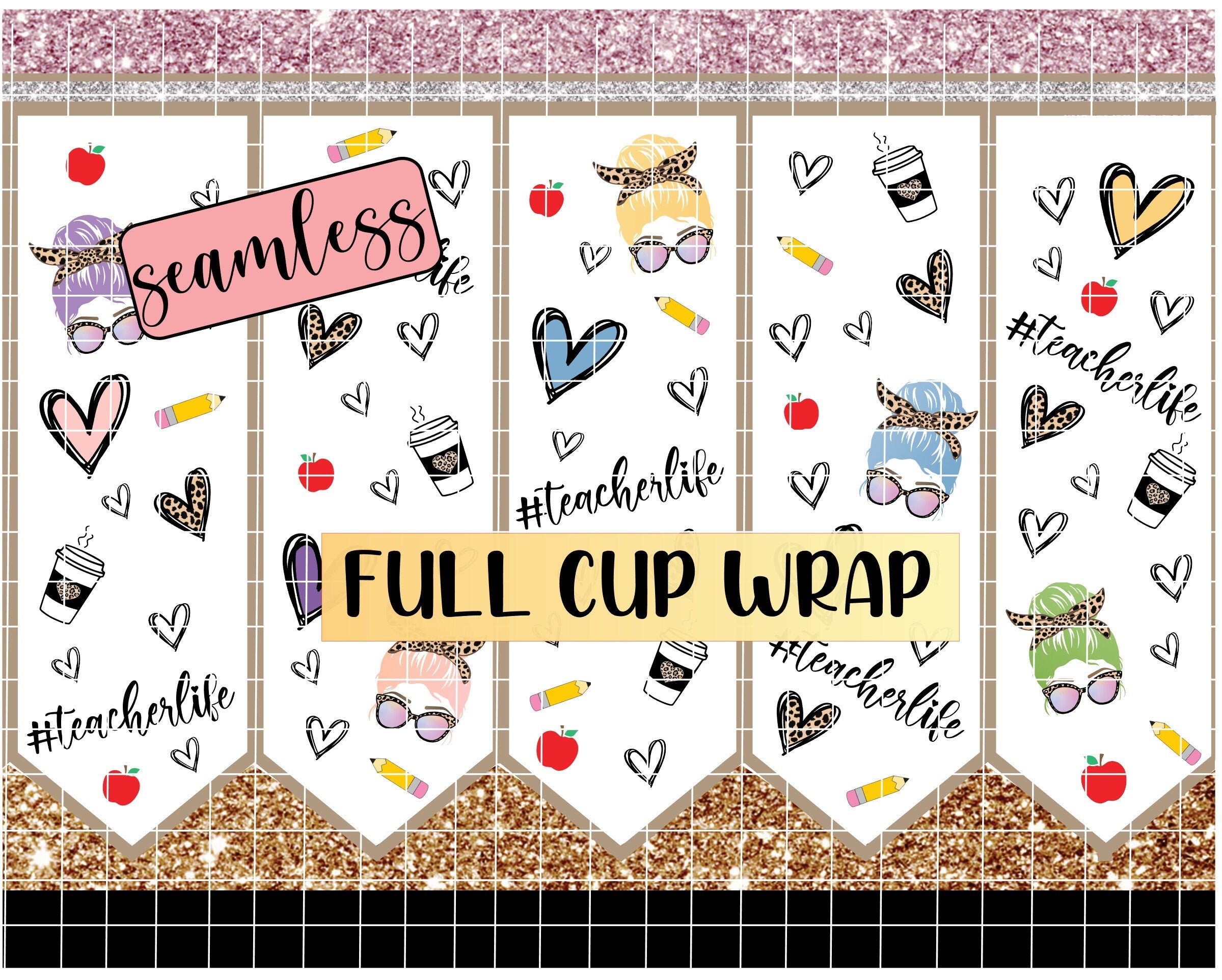 Pencil Cup Wrap Original Design High Quality Seamless Digital Template Teacher Life Coffee Leopard Cheetah Sublimation Waterslide Vinyl