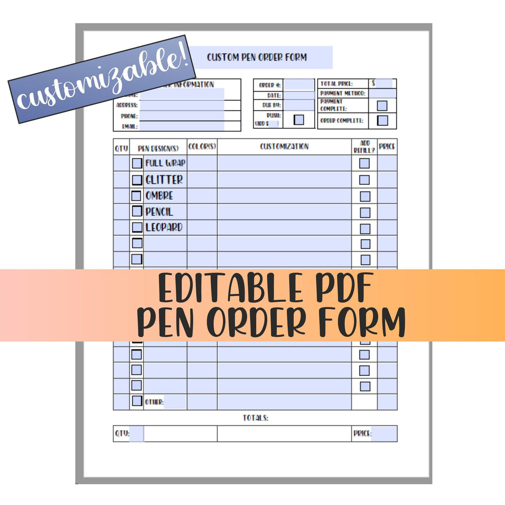 Custom Glitter Pen Order Form Digital Download PDF Format Fillable/Printable/Editable - Happyfox Supply Co