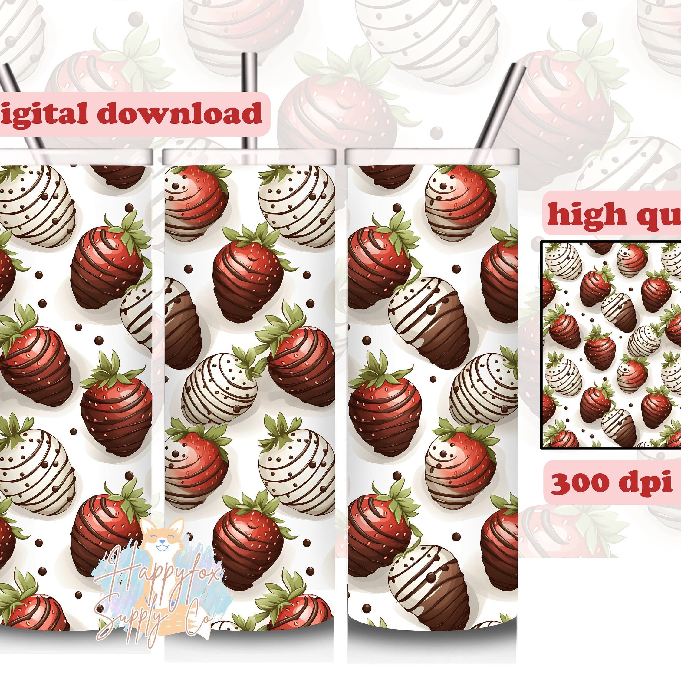 Instant Digital Download Chocolate Strawberries 20oz Skinny Tumbler Wrap Sublimation Design, 300 DPI Straight Tumbler Wrap, Seamless Design
