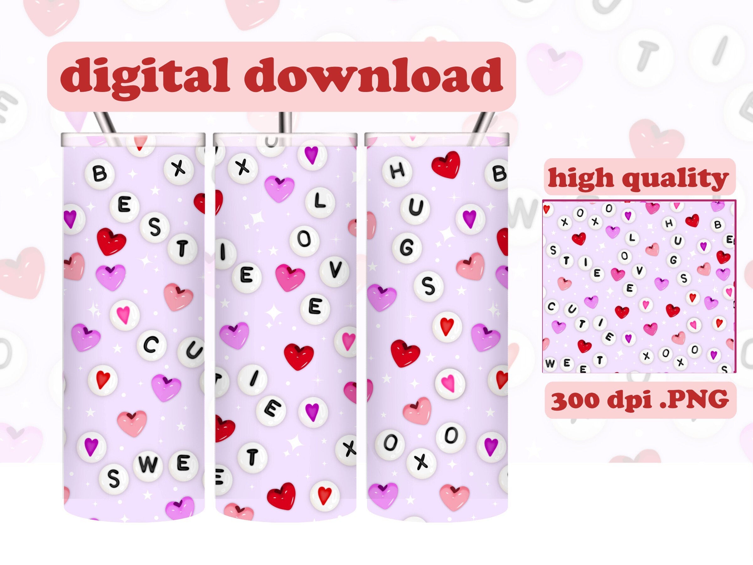 Seamless Valentine Friendship Beads XOXO 20oz Skinny Tumbler Wrap Sublimation 300 DPI Straight Tumbler Wrap PNG Valentines Day Digital Wrap