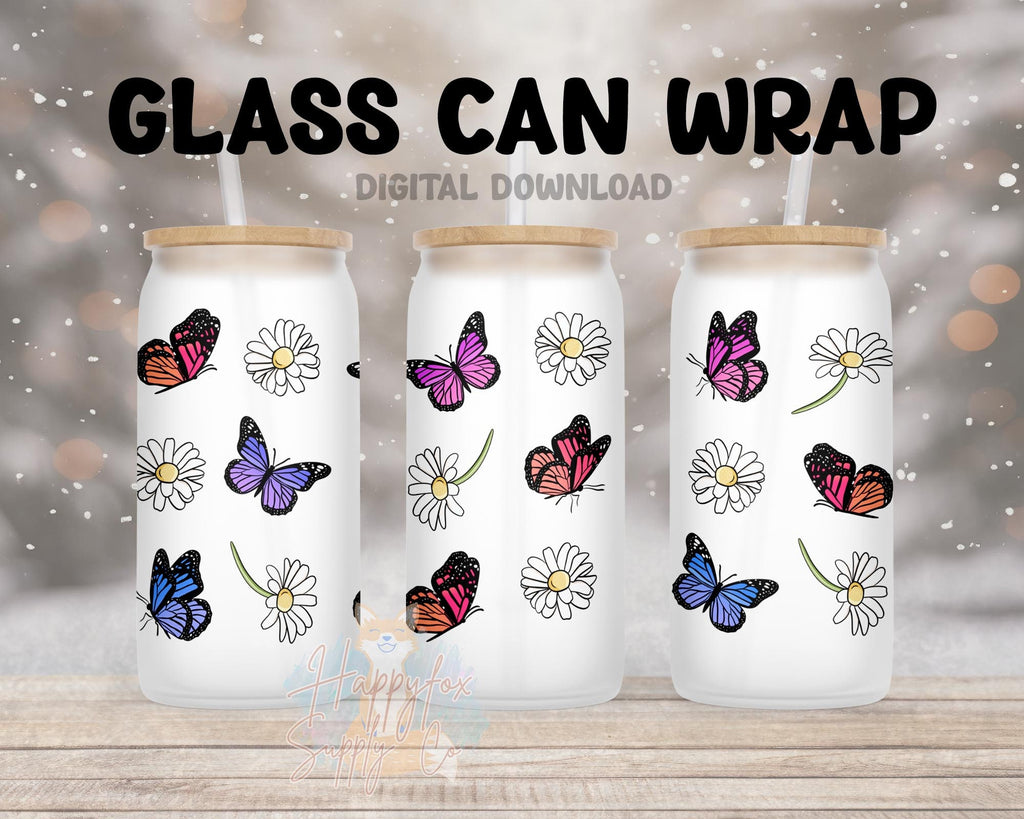 Digital Download 16oz Glass Can Wrap 300 DPI .PNG Butterflies Daisies UVDTF Sublimation Printed Vinyl Transparent 16oz Wrap Spring Floral