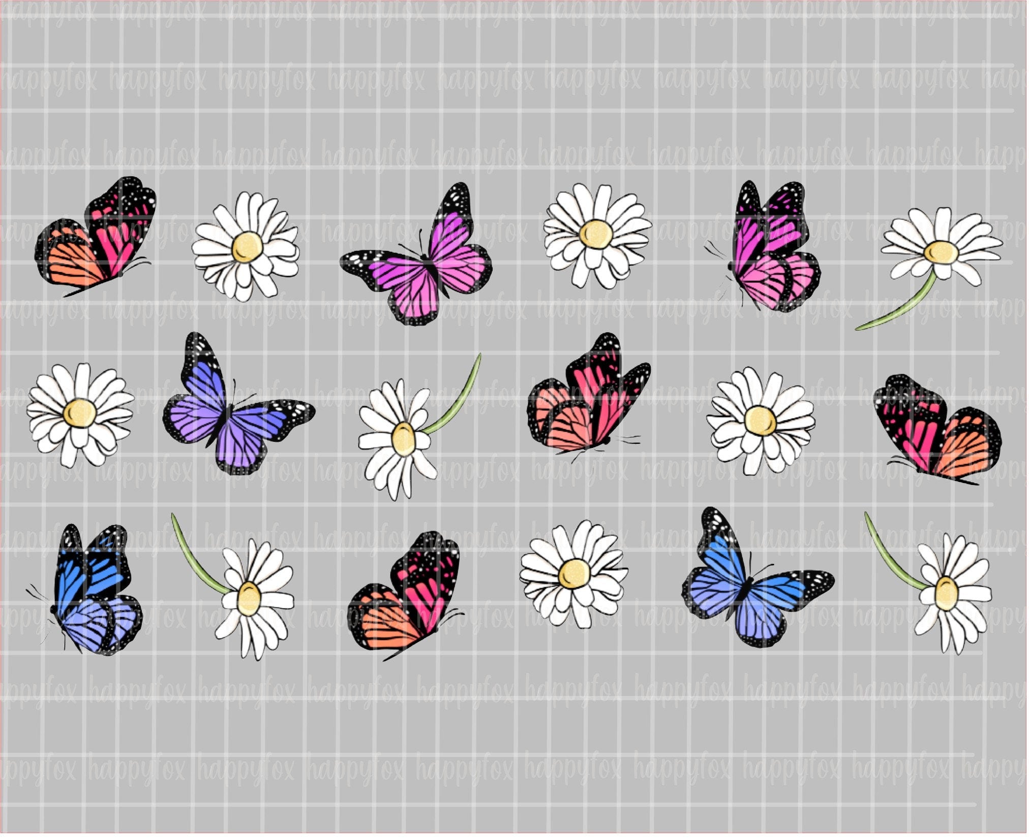 Digital Download 16oz Glass Can Wrap 300 DPI .PNG Butterflies Daisies UVDTF Sublimation Printed Vinyl Transparent 16oz Wrap Spring Floral