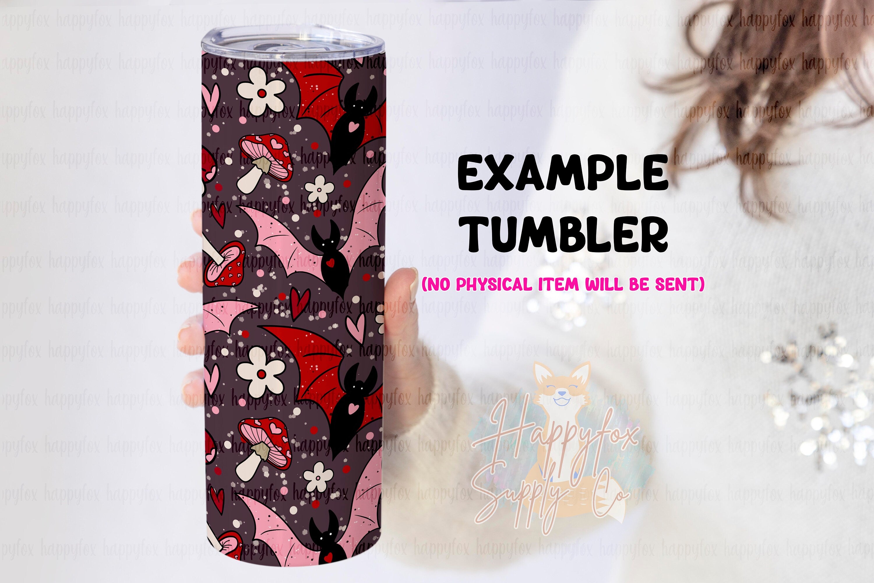 Spooky Valentine 20oz Skinny Tumbler Wrap Sublimation 300 DPI Straight Tumbler Wrap PNG Seamless Digital Wrap Bats Mushrooms Daisies Dark