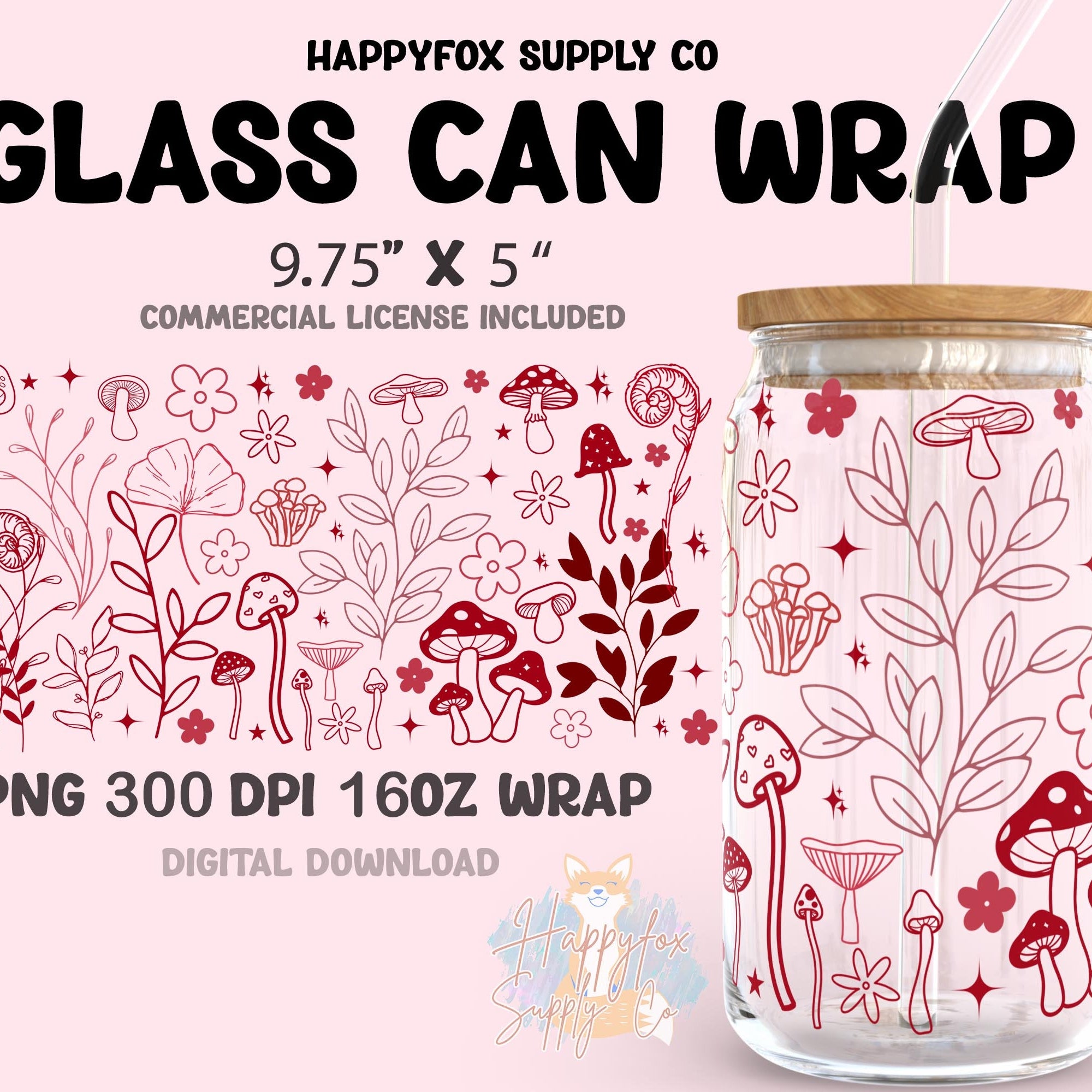 Digital Download 16oz Glass Can Wrap 300 DPI .PNG Mushroom Garden UVDTF Sublimation Printed Vinyl Transparent 16oz Wrap Cottagecore Wrap