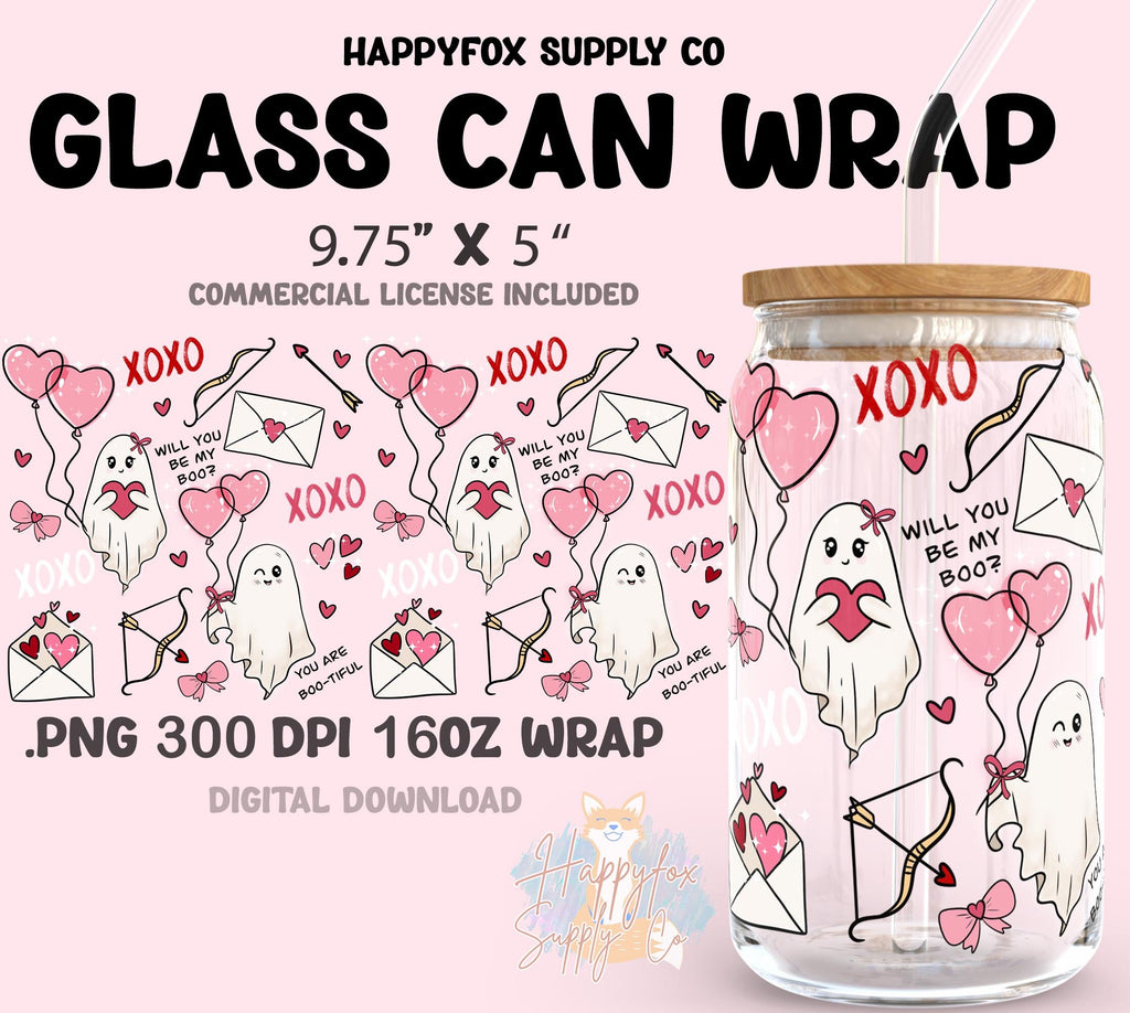 Digital File 16oz Glass Can Wrap 300 DPI PNG Be My Boo Spooky UVDTF Sublimation Printed Vinyl Transparent Wrap Mushrooms Spooky Valentine