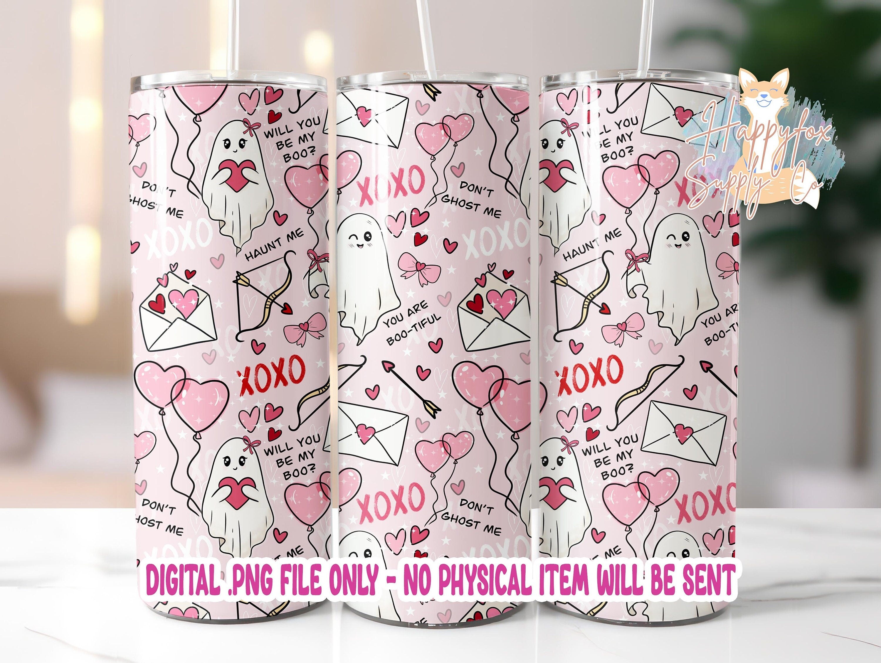 Spooky Valentine 20oz Skinny Tumbler Wrap Sublimation 300 DPI Straight Tumbler Wrap PNG Seamless Digital Wrap Cute Ghosts Be My Boo