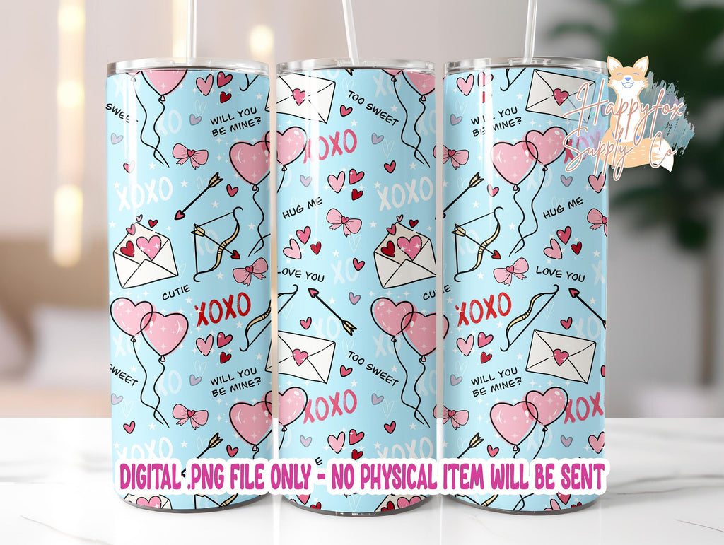 Cute Valentines Day 20oz Skinny Tumbler Wrap Sublimation Design, 300 DPI Straight Tumbler Wrap, Seamless Love Letter Tumbler Wrap Blue