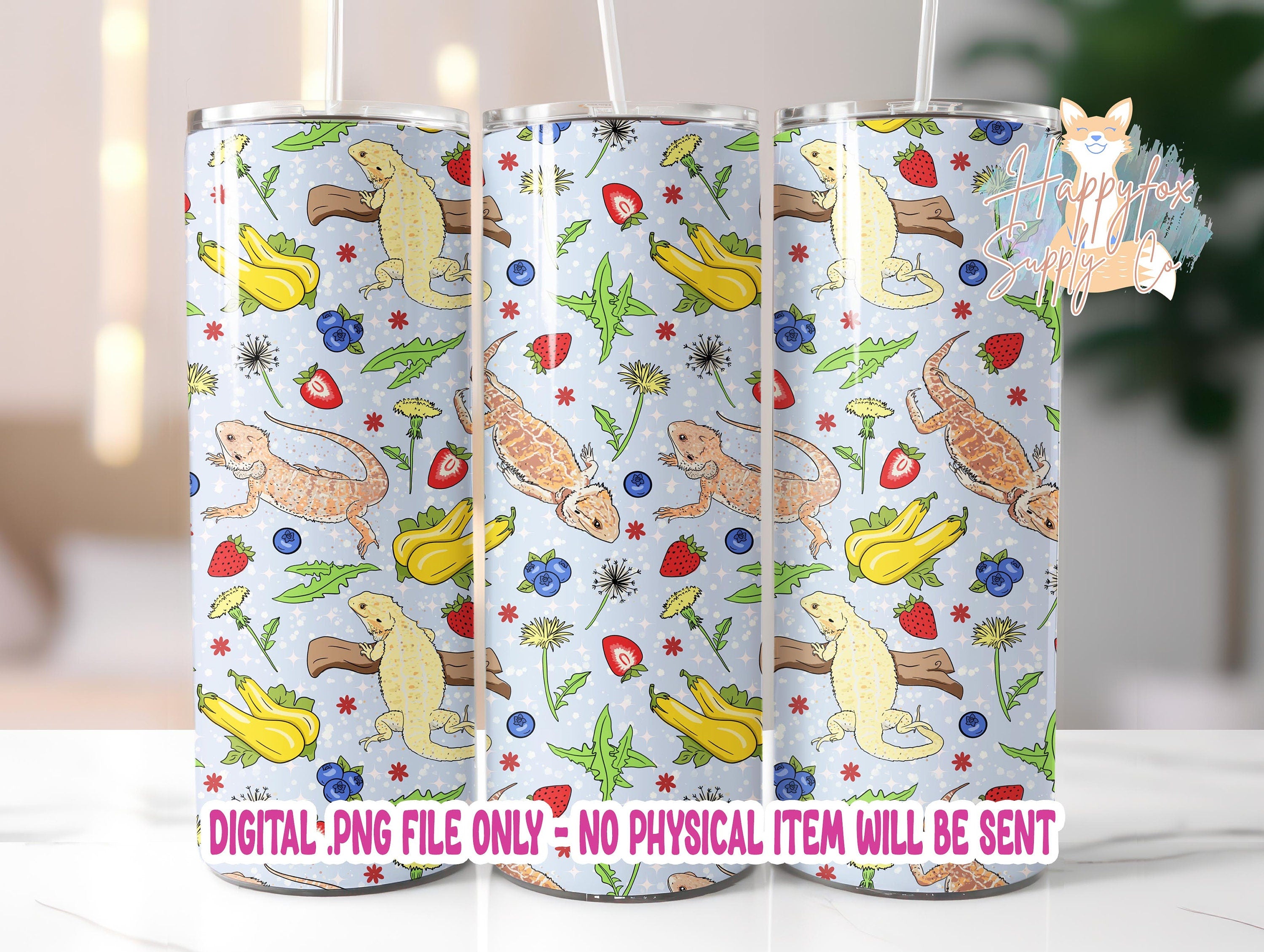 Bearded Dragons Blue Fruits 20oz Skinny Tumbler Wrap Sublimation Design, 300 DPI Straight Tumbler Wrap, Seamless Beardie PNG File