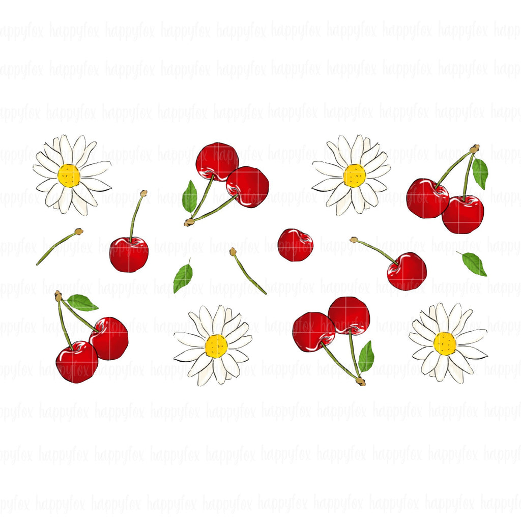 Digital File 16oz Glass Can Wrap 300 DPI .PNG Cherries Daisies UVDTF Sublimation Printed Vinyl Transparent 16oz Wrap Spring Cherries Daisies