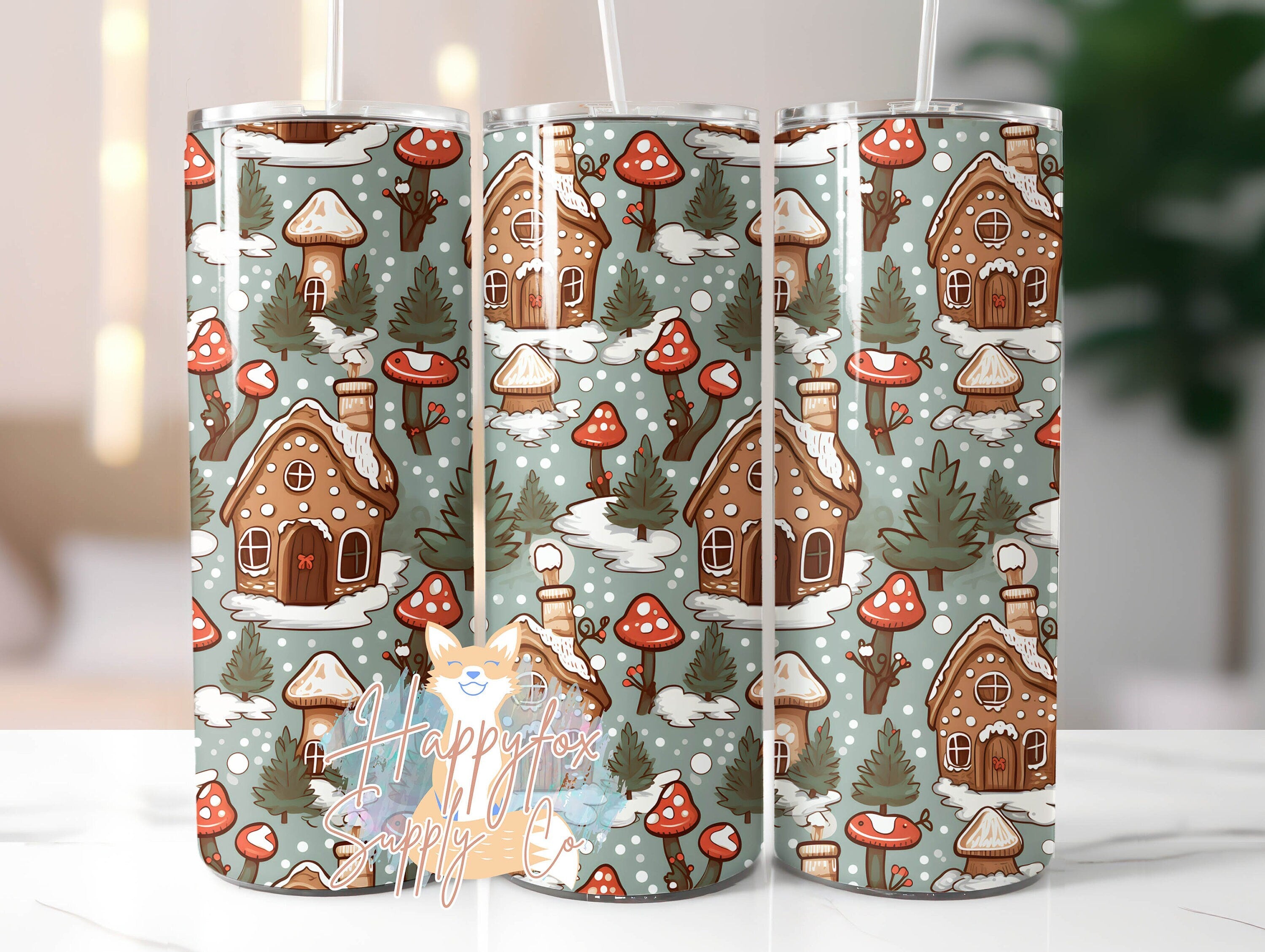 Seamless Gingerbread Mushrooms 20oz Skinny Tumbler Wrap Sublimation 300 DPI Straight Tumbler Wrap PNG Cottagecore Digital Wrap Christmas
