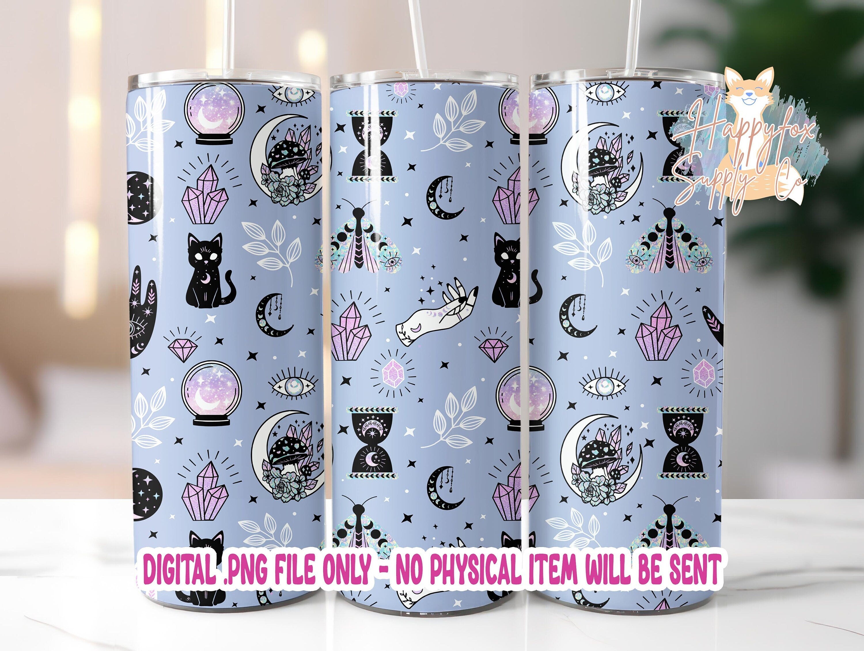 20oz Tumbler Wrap High Quality Mystic Psychic Witchy Crystals Seamless Digital Wrap For Tumblers Sublimation Wrap Moons Moths Cats Mushrooms