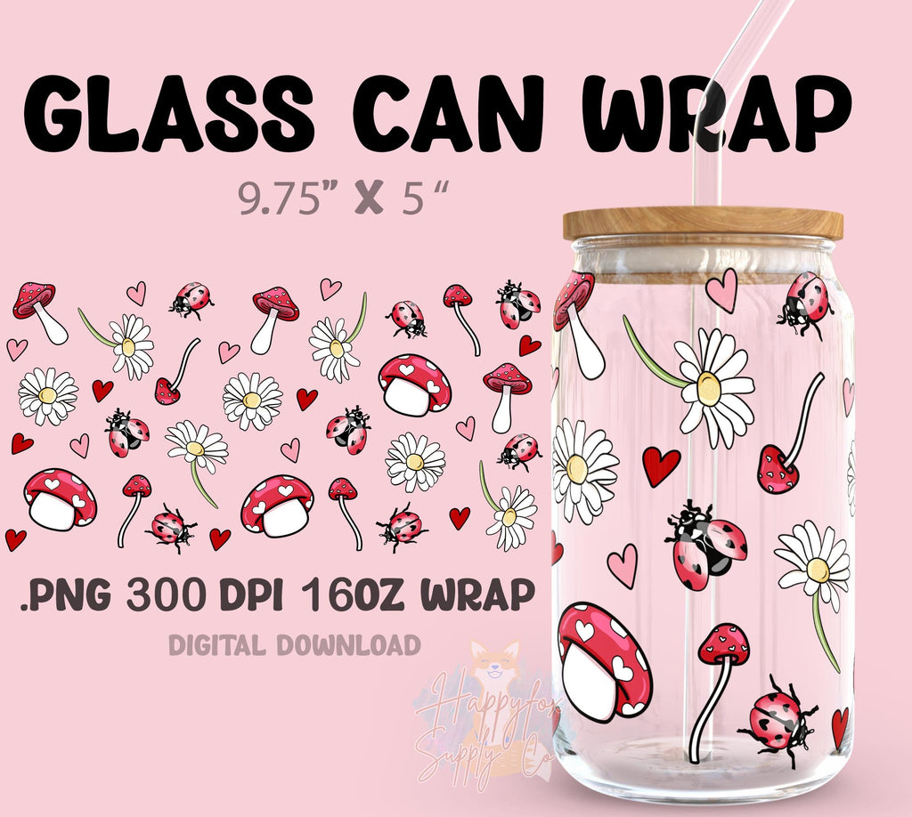 Digital Download 16oz Glass Can Wrap 300 DPI .PNG Love Bugs UVDTF Sublimation Printed Vinyl Transparent 16oz Wrap Lady Bugs Mushrooms