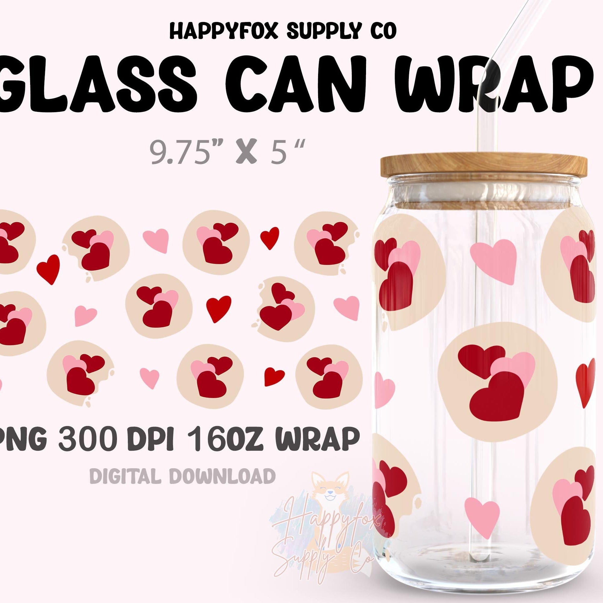 Digital Download 16oz Glass Can Wrap 300 DPI .PNG Valentine Cookies UVDTF Sublimation Printed Vinyl Transparent 16oz Wrap Heart Cookies