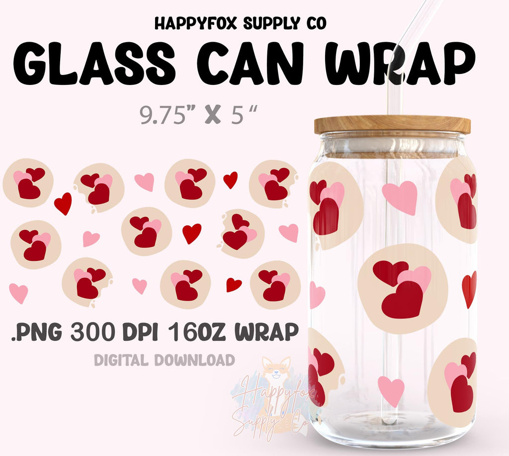 Digital Download 16oz Glass Can Wrap 300 DPI .PNG Valentine Cookies UVDTF Sublimation Printed Vinyl Transparent 16oz Wrap Heart Cookies