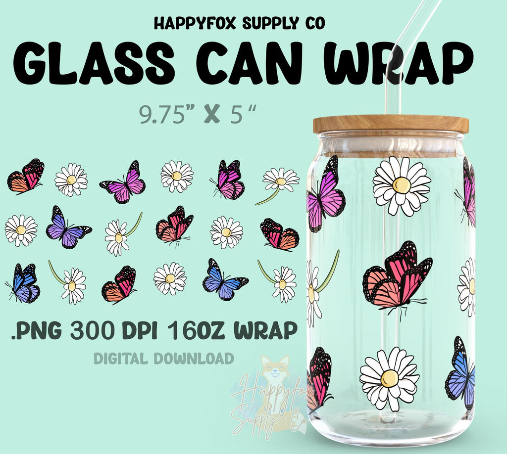 Digital Download 16oz Glass Can Wrap 300 DPI .PNG Butterflies Daisies UVDTF Sublimation Printed Vinyl Transparent 16oz Wrap Spring Floral