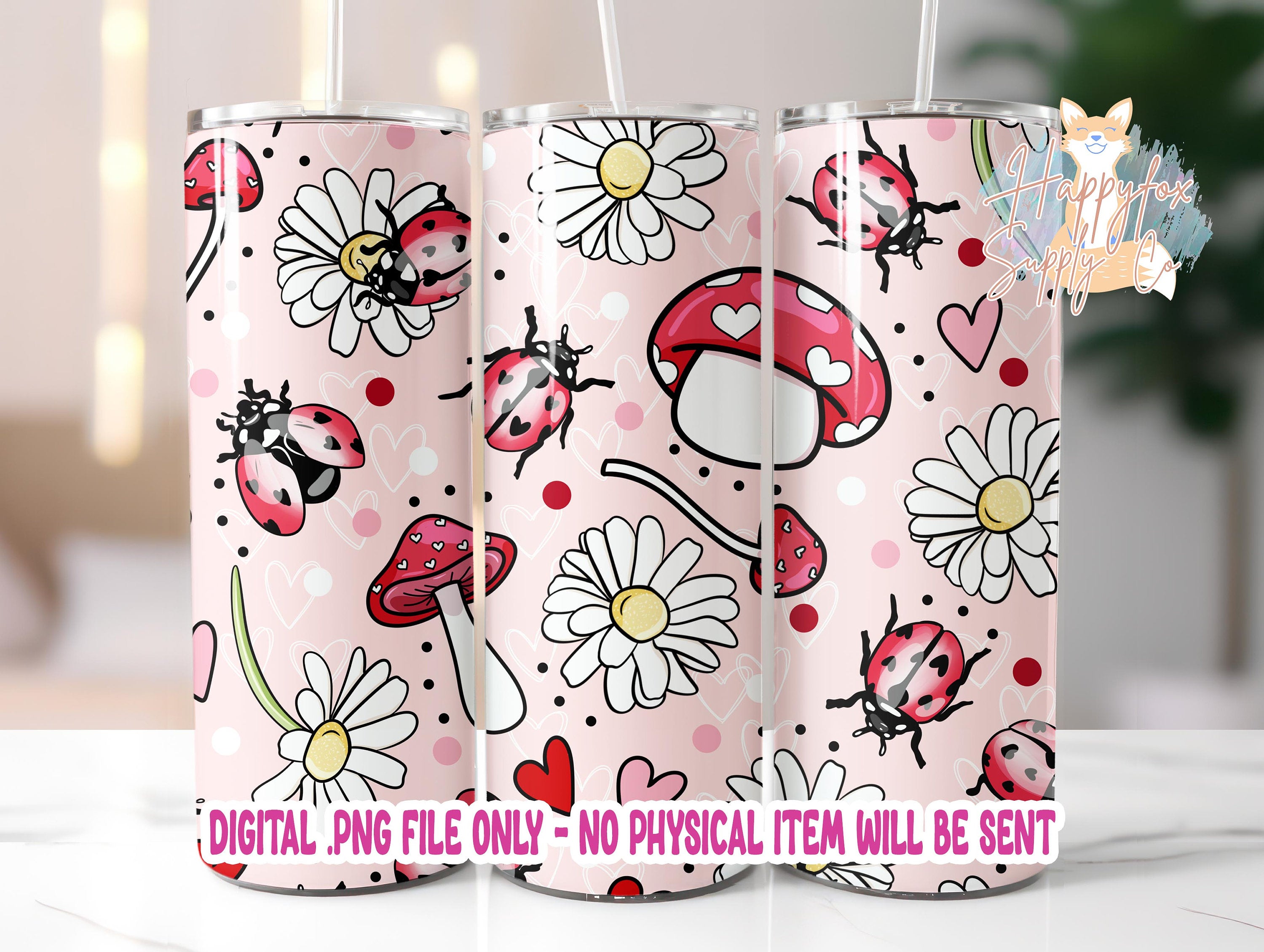 Seamless Cottagecore Valentine 20oz Skinny Tumbler Wrap Sublimation 300 DPI Straight Tumbler Wrap PNG Cottagecore Digital Wrap Ladybugs