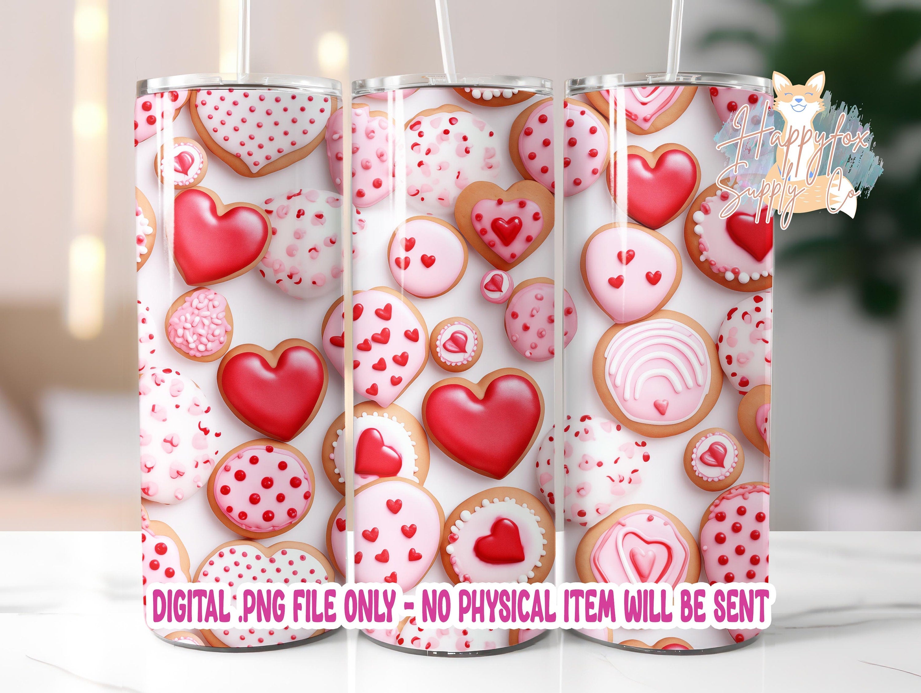 Valentine Heart Cookies 20oz Skinny Tumbler Wrap Sublimation Design, 300 DPI Straight Tumbler Wrap, Seamless Design Valentine Tumbler Wrap
