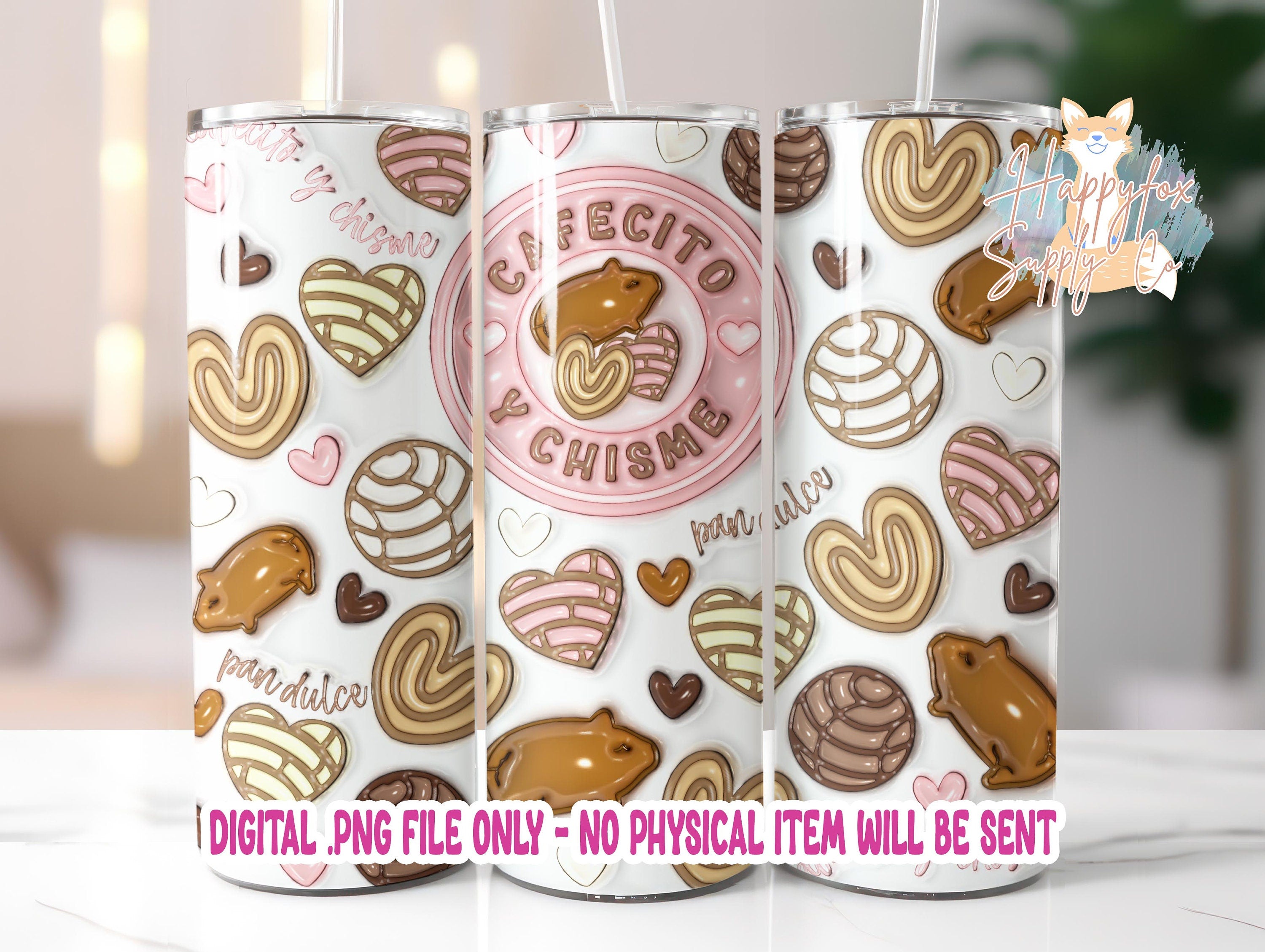 3D Inflated Cafecito Y Chisme 20oz Skinny Tumbler Wrap Sublimation 300 DPI Straight Tumbler Wrap PNG Conchas Digital Wrap Maranito Pan Dulce