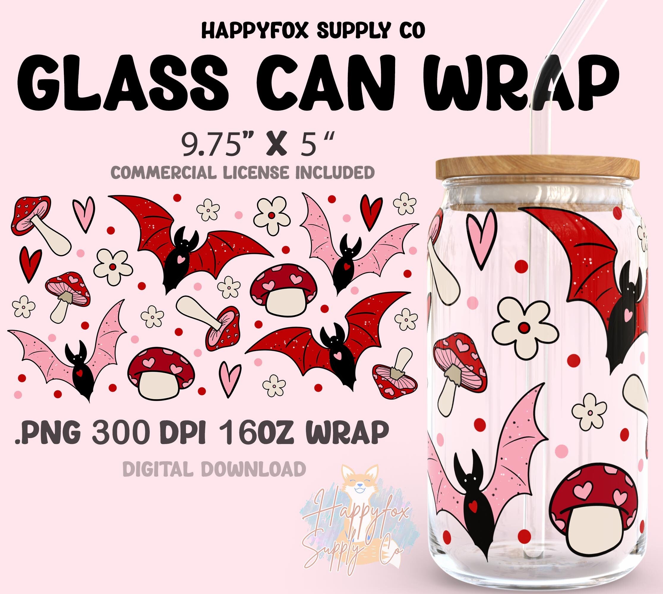 Digital Download 16oz Glass Can Wrap 300 DPI PNG Spooky Bats UVDTF Sublimation Printed Vinyl Transparent Wrap Mushrooms Spooky Valentine